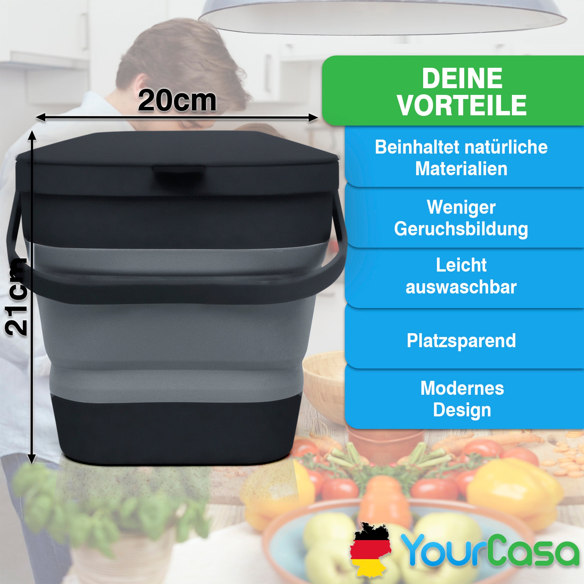 Ein Stapel von YourCasa® Komposteimer Küche – FALTBAR und NACHHALTIG – 4L Fassungsvermögen auf einer Arbeitsfläche mit Gemüse und Kräutern, der die Vorteile