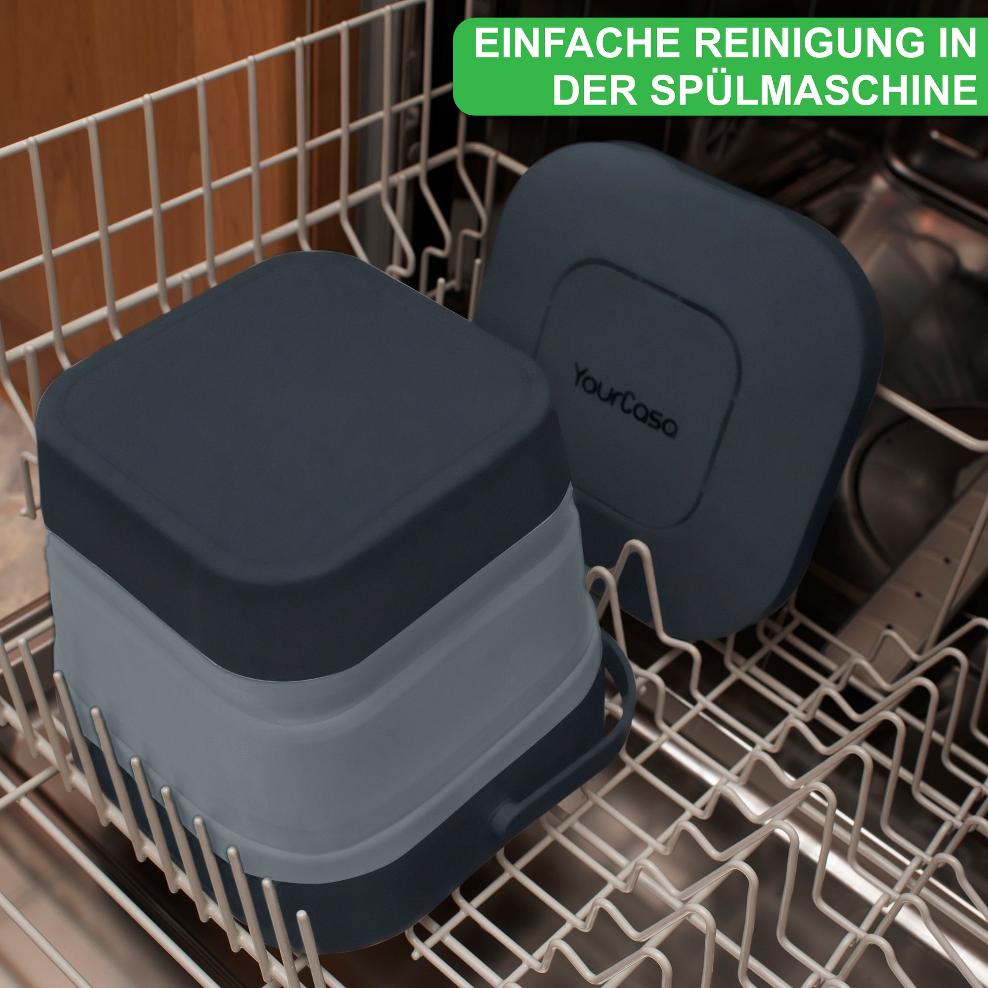 YourCasa® Komposteimer Küche aus spülmaschinenfestem Silikon in einer Spülmaschine, heben die leichte Reinigung hervor.