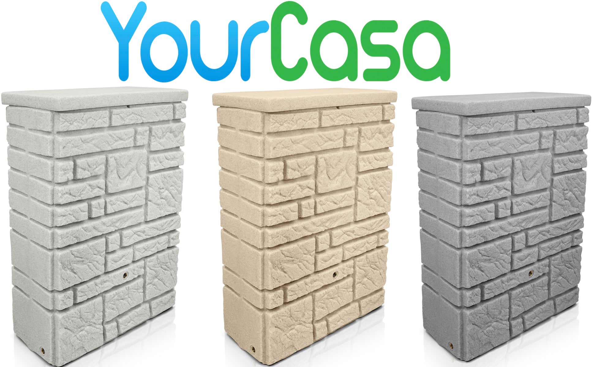 Drei YourCasa Regentonnen 300 Liter [StoneRain] - Frostsicher & UV-beständig mit "yourcasa-de" Logo oben.