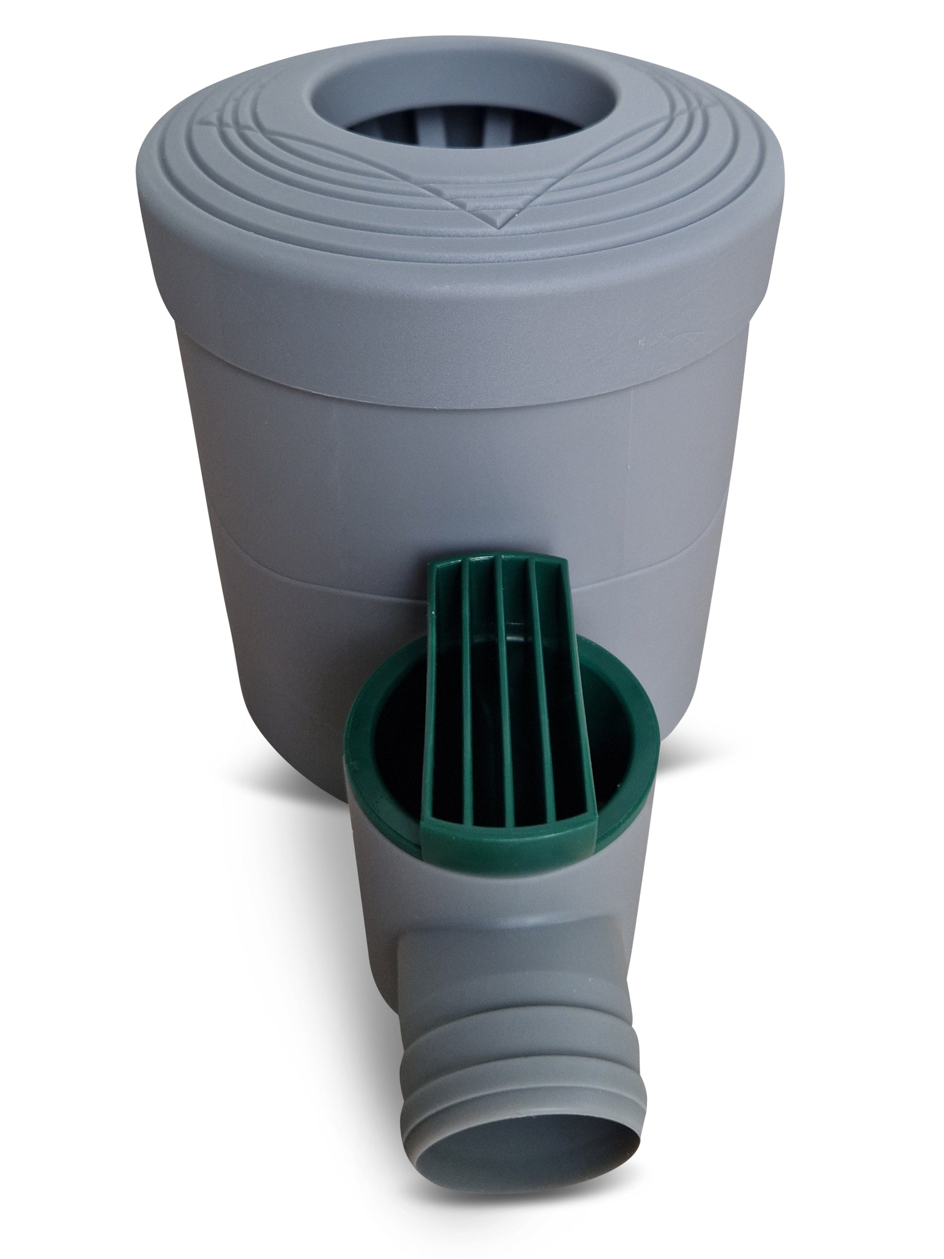 Ein grauer Blumentopf aus Kunststoff mit eingebautem Selbstbewässerungssystem und YourCasa® Regensammler [Downpipe50] - Mit Absperrhahn + Anschlussschlauch 32mm von yourcasa-de.