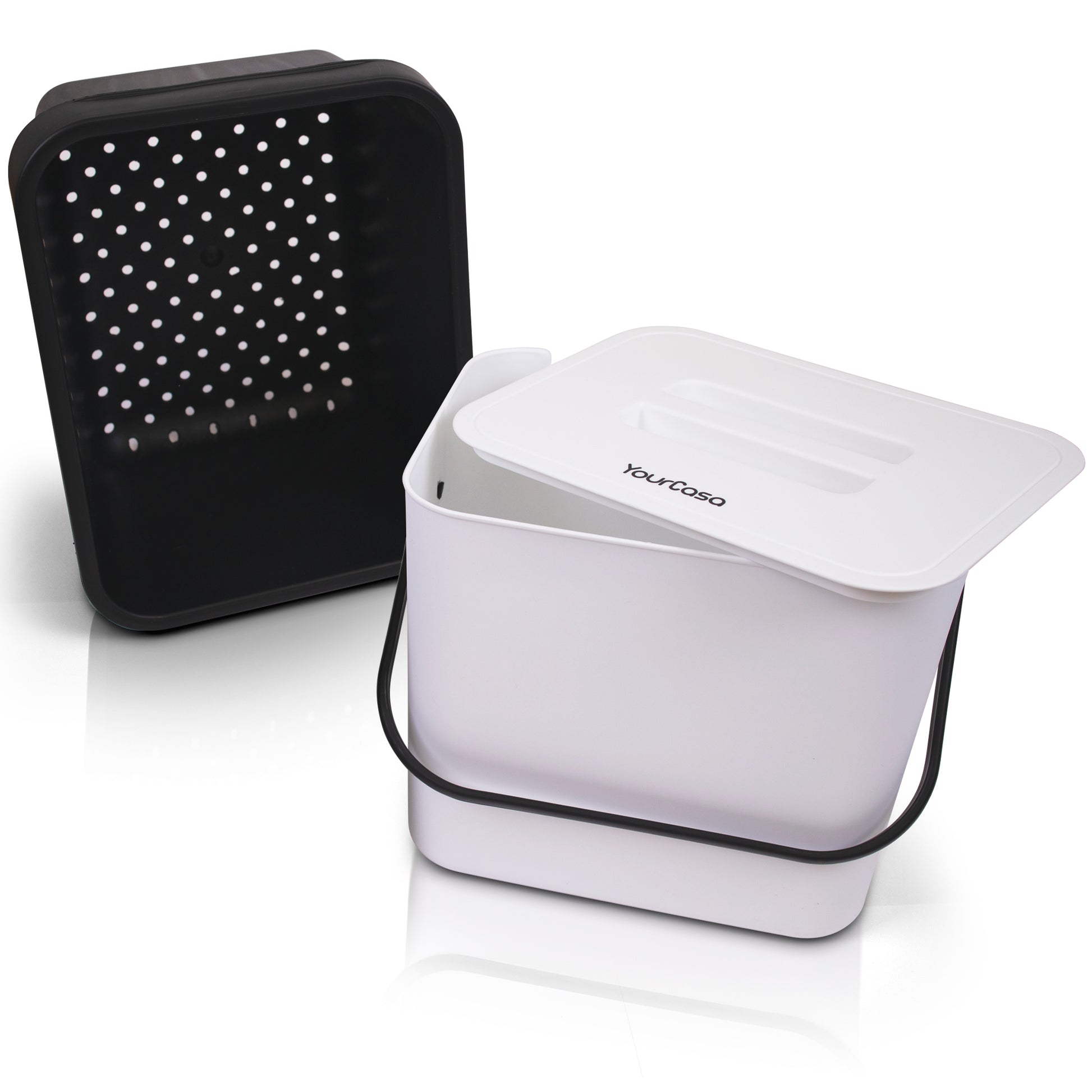 Ein weißer YourCasa® 7L Biomülleimer aus Kunststoff mit schwarzem Gitterdeckel und seitlichem Tragegriff.