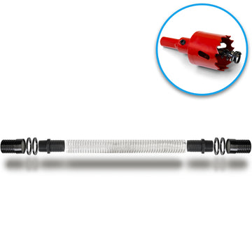 Die Abbildung zeigt das yourcasa-de Regentonnen Verbinder Set 32mm, bestehend aus einem flexiblen, durchsichtigen Schlauch mit schwarzen Anschlüssen und O-Ringen sowie einem Kronbohrer und einer Tankverschraubung - perfekt für IBC-Tankanschlüsse oder die Verbindung von Regentonnen.