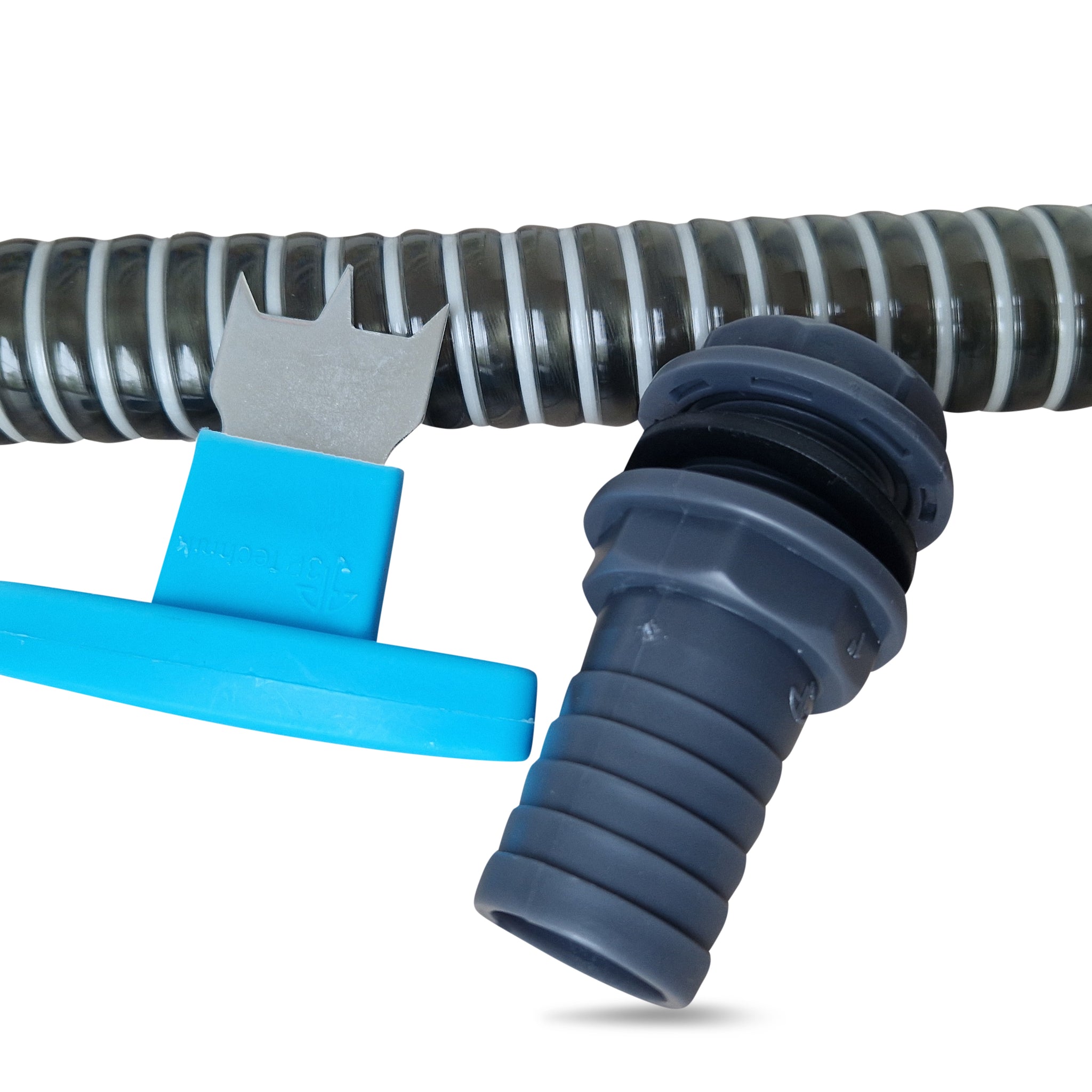 Der YourCasa®-Ablaufschlauch für die Waschmaschine aus Kunststoff mit blauem Adapter und Ventil, abgebildet auf weißem Hintergrund, verfügt über eine Spiralschlauch-Funktion.