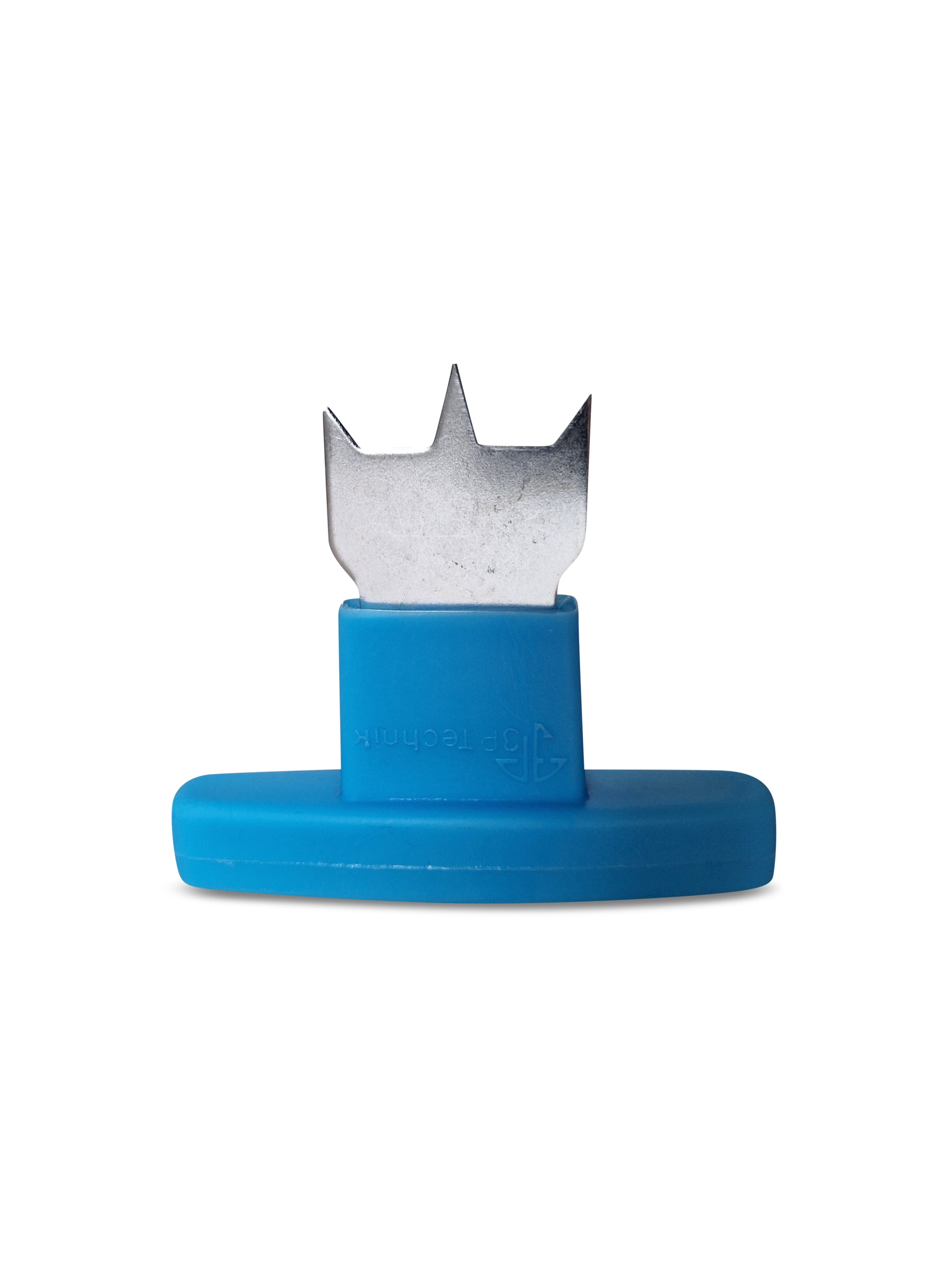 Ein blau-silberner Klebebandspender in Form einer Krone, isoliert auf weißem Hintergrund mit einem yourcasa-de-Spiralschlauch-Design.