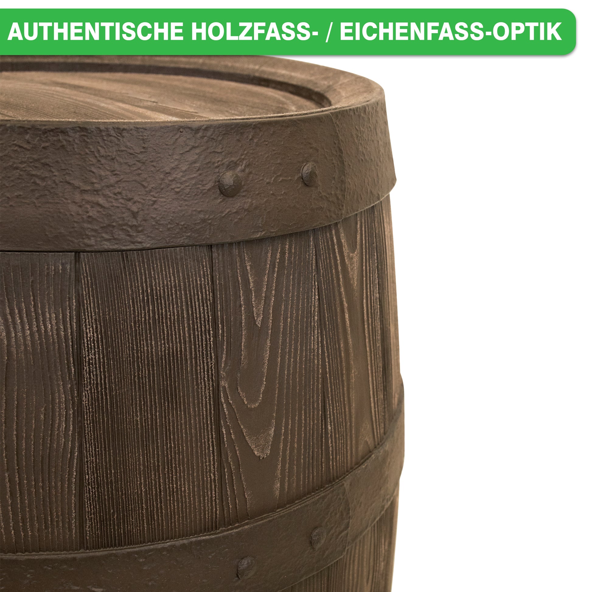 Holzfass mit realistischer Eichenholzstruktur, ausgeführt als YourCasa Regentonne 250 Liter [Holz] - Frostsicher & UV-beständig.