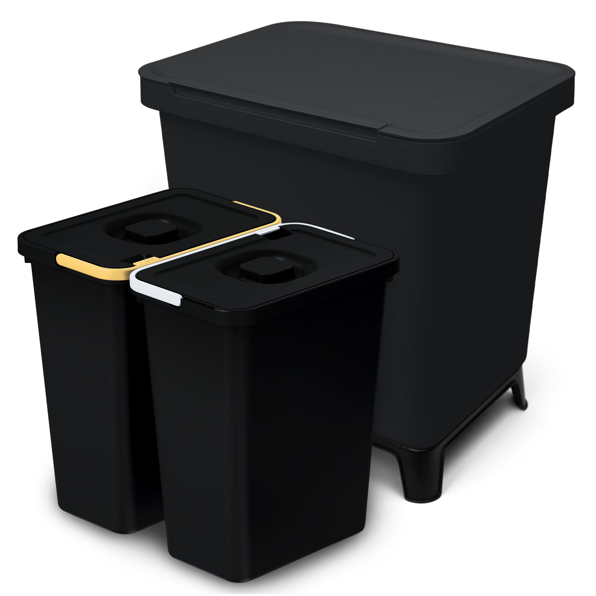Drei schwarze YourCasa® Mülltrennsysteme mit verschiedenfarbigen Griffen vor weißem Hintergrund.