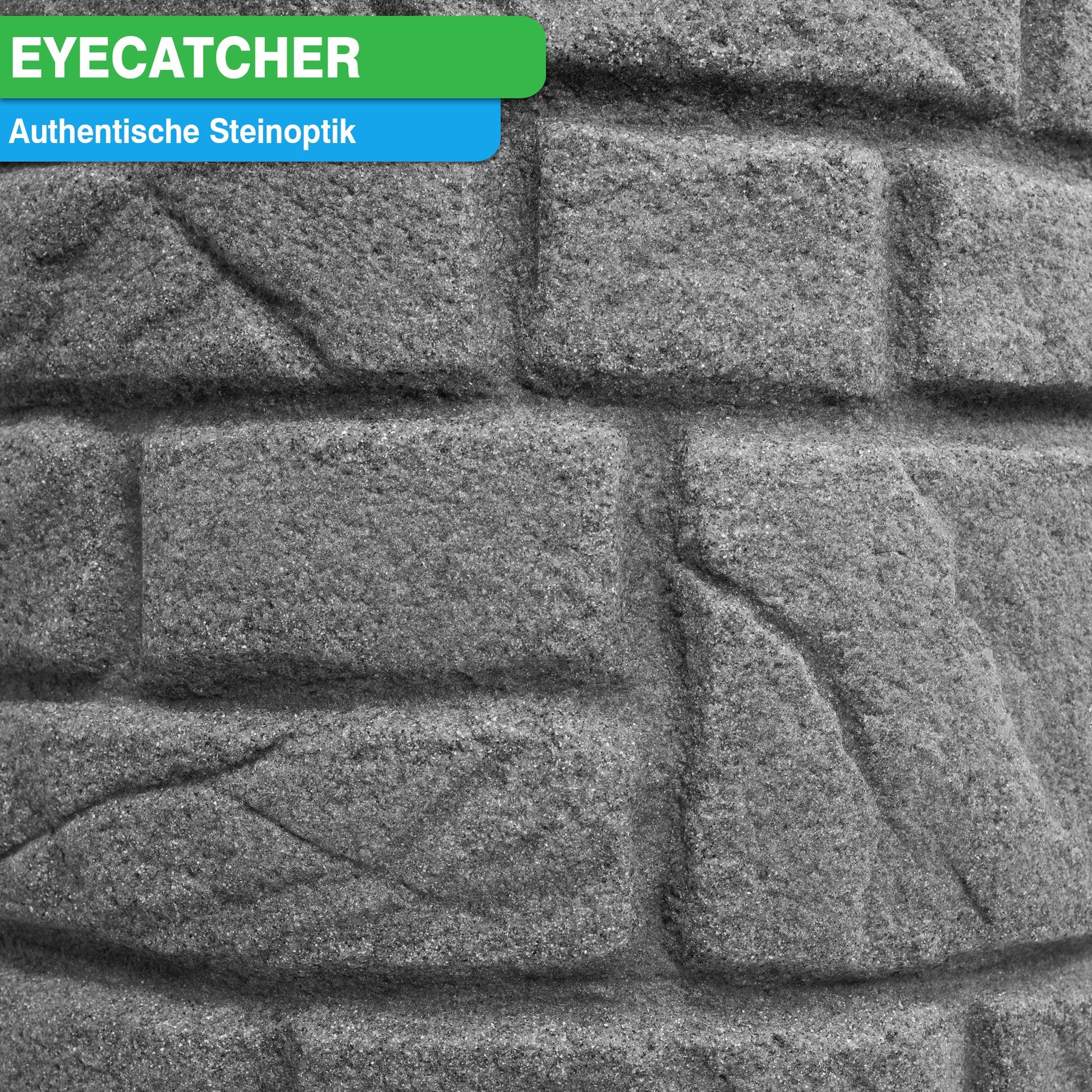 Grau strukturierte Wand in Steinmusterung mit Aufschrift „Eyecatcher, authentische Steinbrunnen-Optik“, was darauf schließen lässt, dass es sich um ein besonderes Produkt der YourCasa Regentonne [StoneRain] mit authentischer Steinbrunnen-Optik von yourcasa-de handelt.