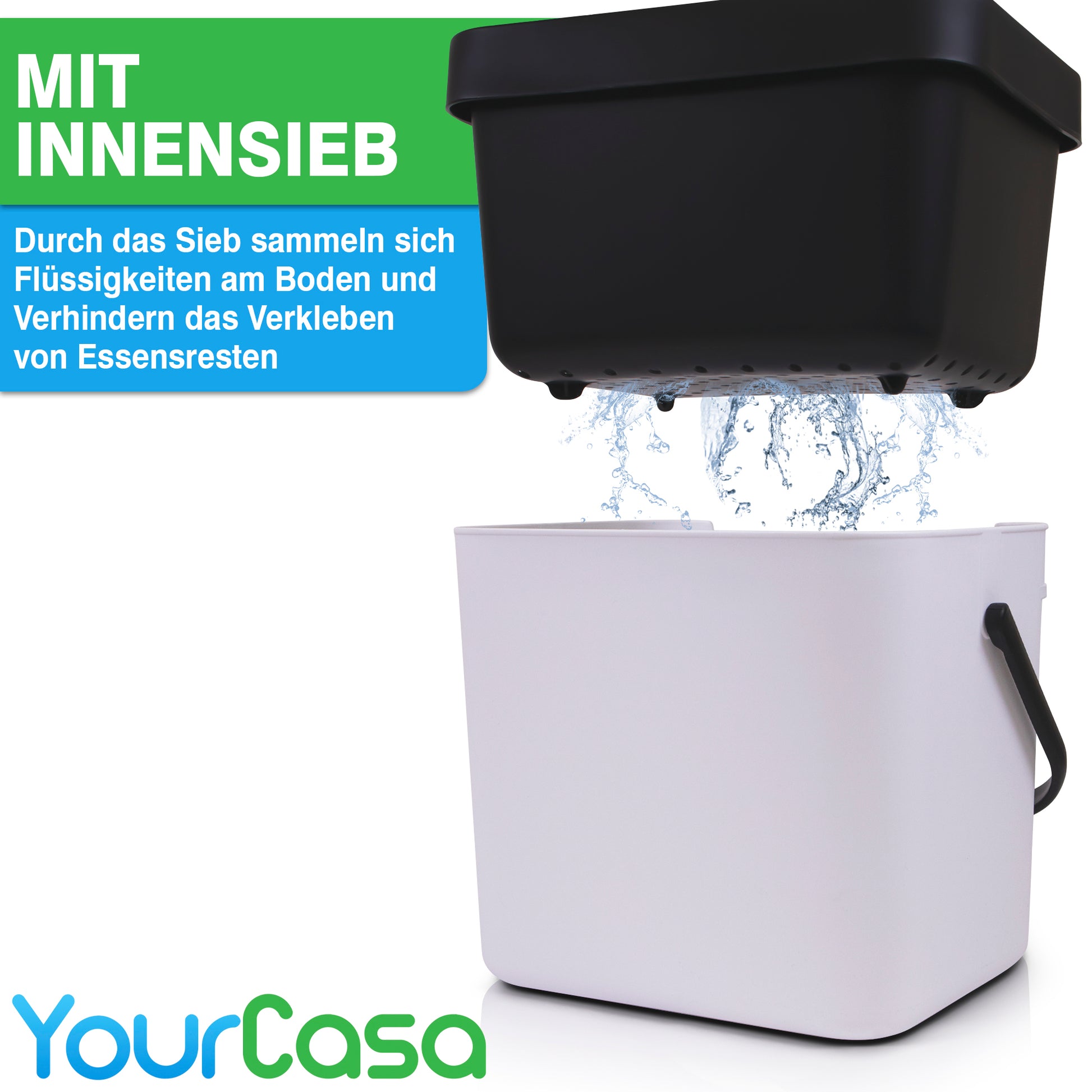 Schwarzer YourCasa® 7L Biomülleimer mit Halterung und Siebmerkmal, montiert auf einer weißen Basis, die überschüssiges Wasser sammelt, beworben von yourcasa-de.