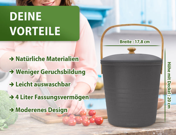 Beschreibung: Werbebild des YourCasa® Komposteimers - Biomülleimer Küche - nachhaltiger Bio Mülleimer von yourcasa-de mit Vorteilen in deutscher Sprache und Maßangaben, neben lächelnder Frau