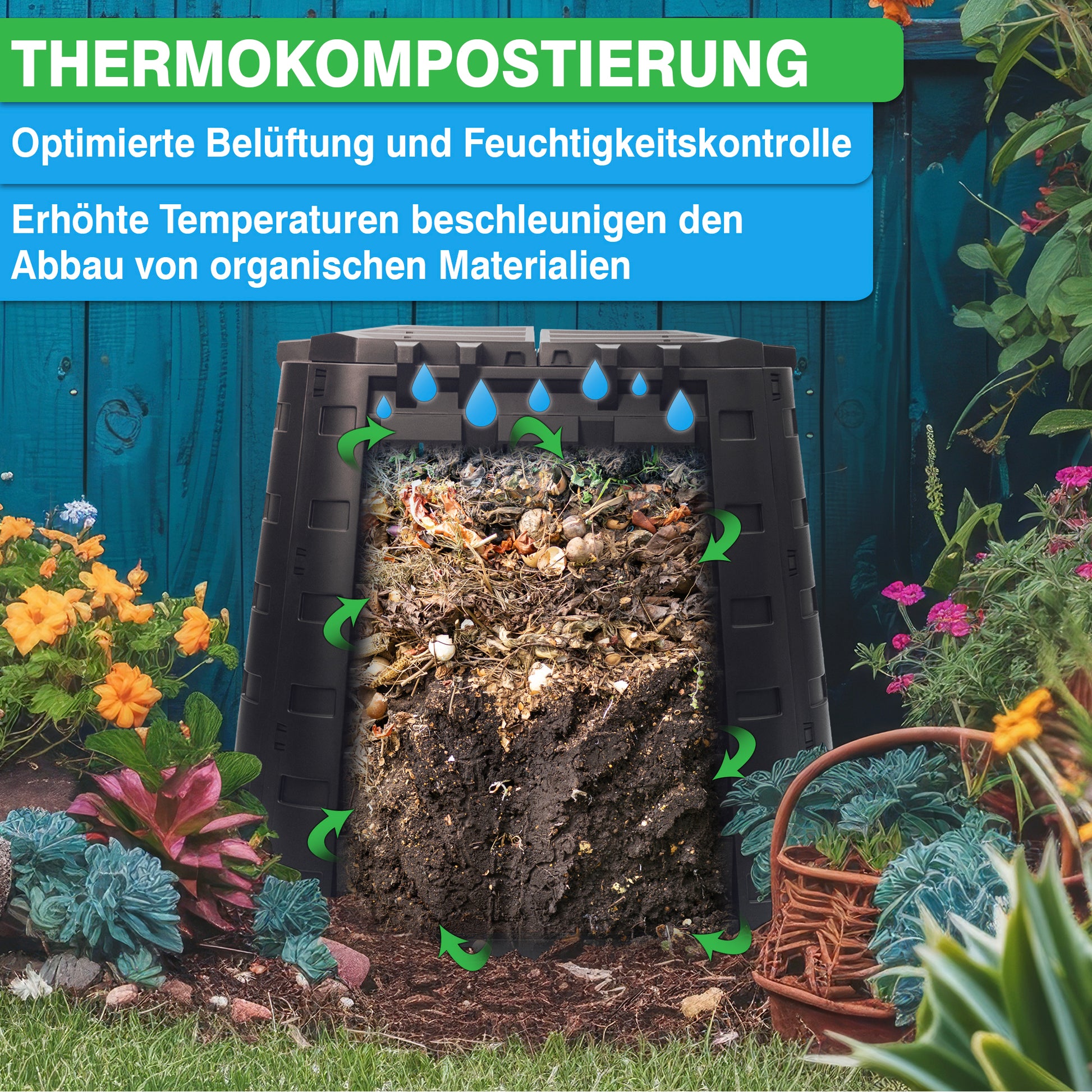 Ein Bild eines Gartens mit einem YourCasa Komposter für den Garten [EcoFusion] – 450 Liter Fassungsvermögen.