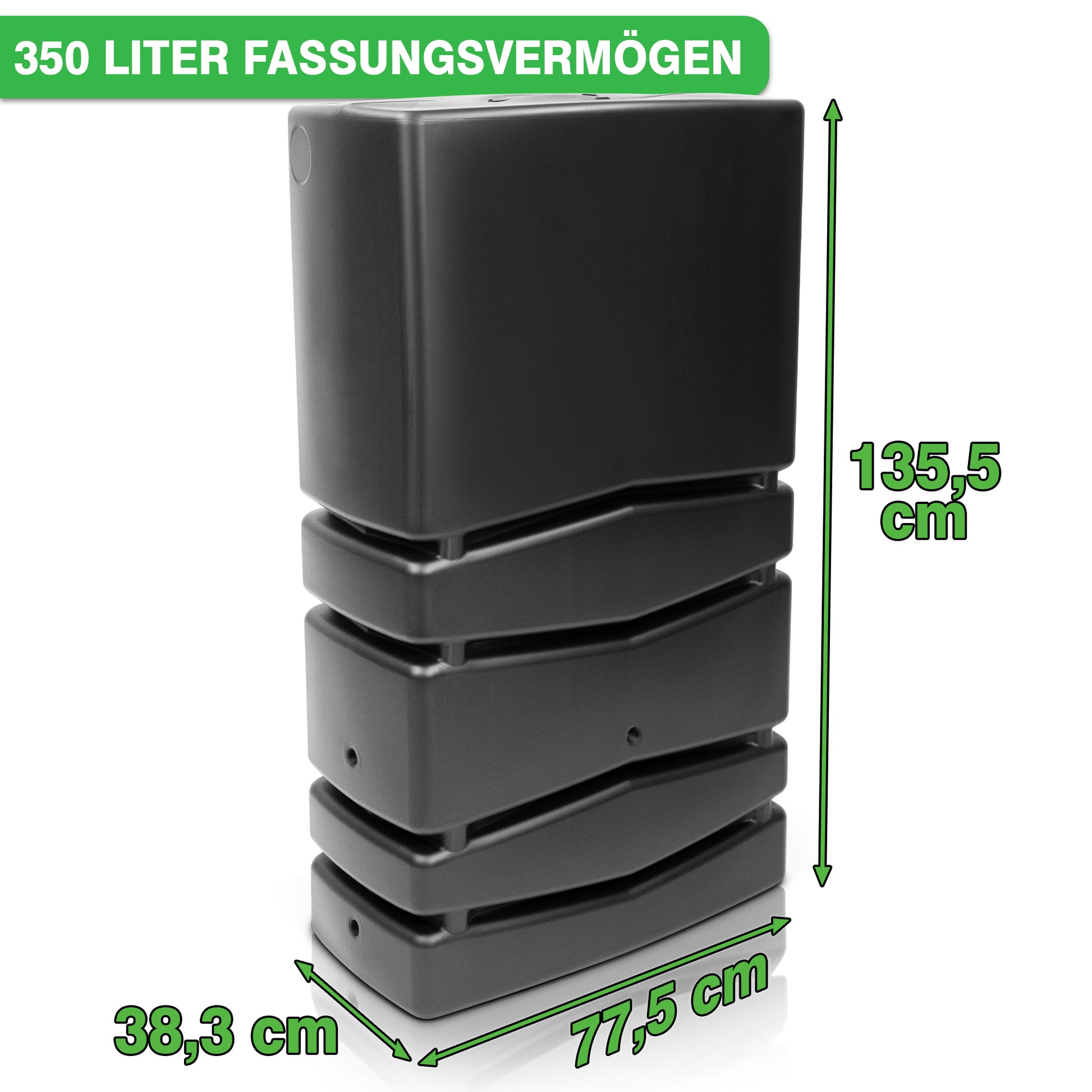 Ein schwarzer Kunststoffbehälter mit Maßangaben für yourcasa-de Regentonne Aqua Silo 350 / 450 und 650 Liter und Regenwassernutzung.