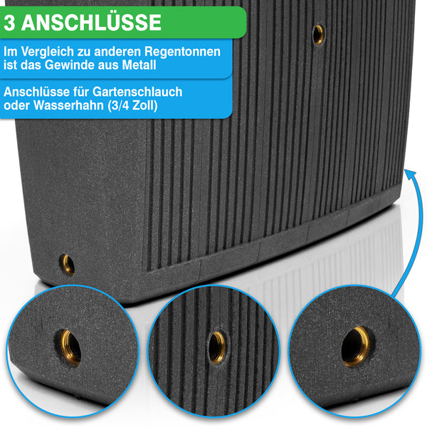 YourCasa Regenwasserbehälter mit drei Hahnanschlüssen hervorgehoben.