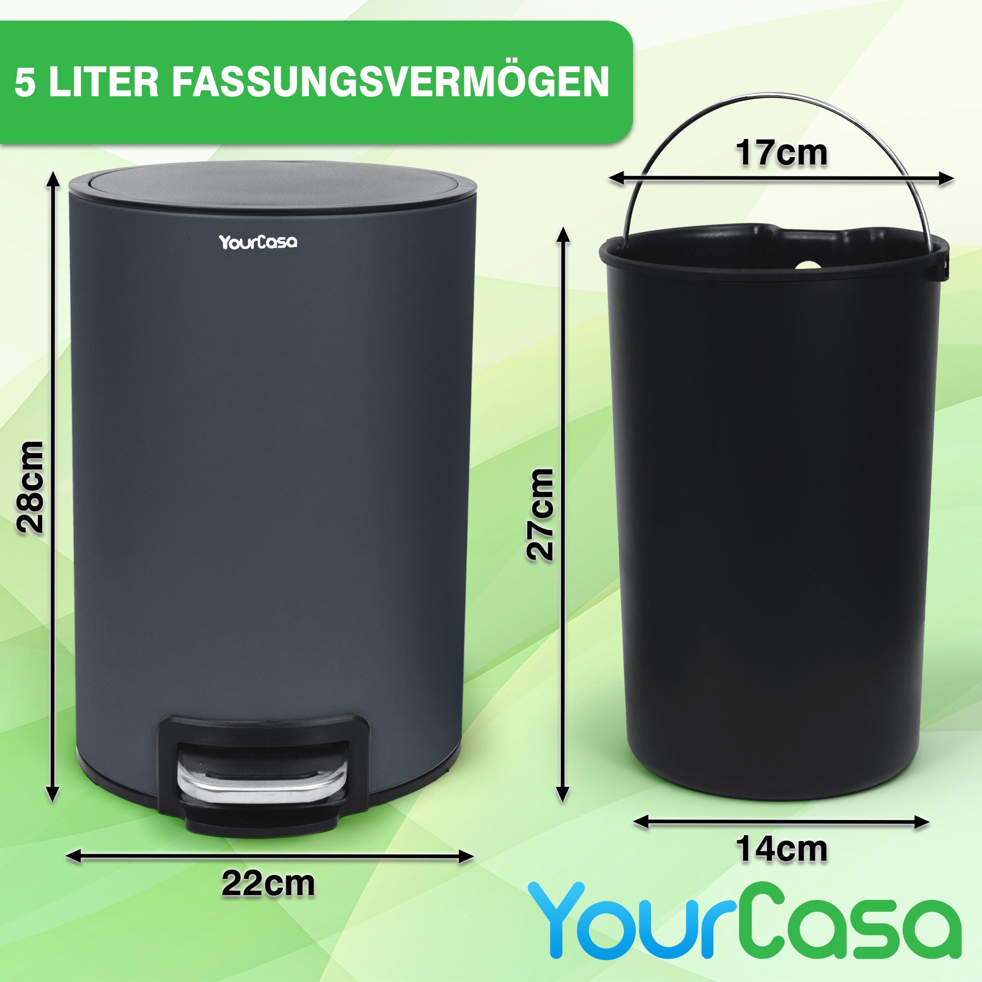 Ein schwarzes YourCasa® Mülleimer Bad [5L] und ein Edelstahl-Mülleimer mit 5 Liter Fassungsvermögen.