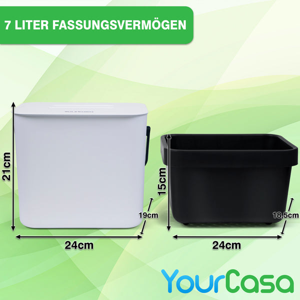 YourCasa® 7L Biomülleimer mit Halterung und Sieb für die Küche - geruchsdicht & spülmaschinenfest von yourcasa-de mit 7 Liter Fassungsvermögen und schwarzem Inneneimer, Maßangaben in cm.