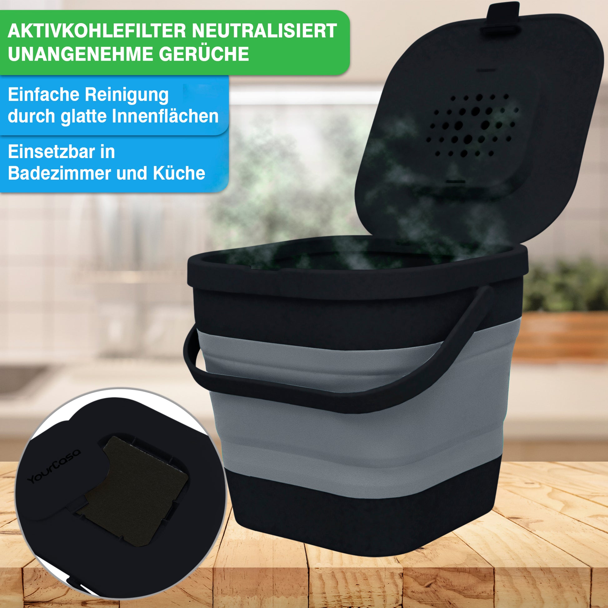 Ein Luftfilterbehälter mit YourCasa® Komposteimer Küche – FALTBAR und NACHHALTIG – 4L Fassungsvermögen-Funktion zur Neutralisierung von Gerüchen, geeignet für den Einsatz im Bad und in der Küche.