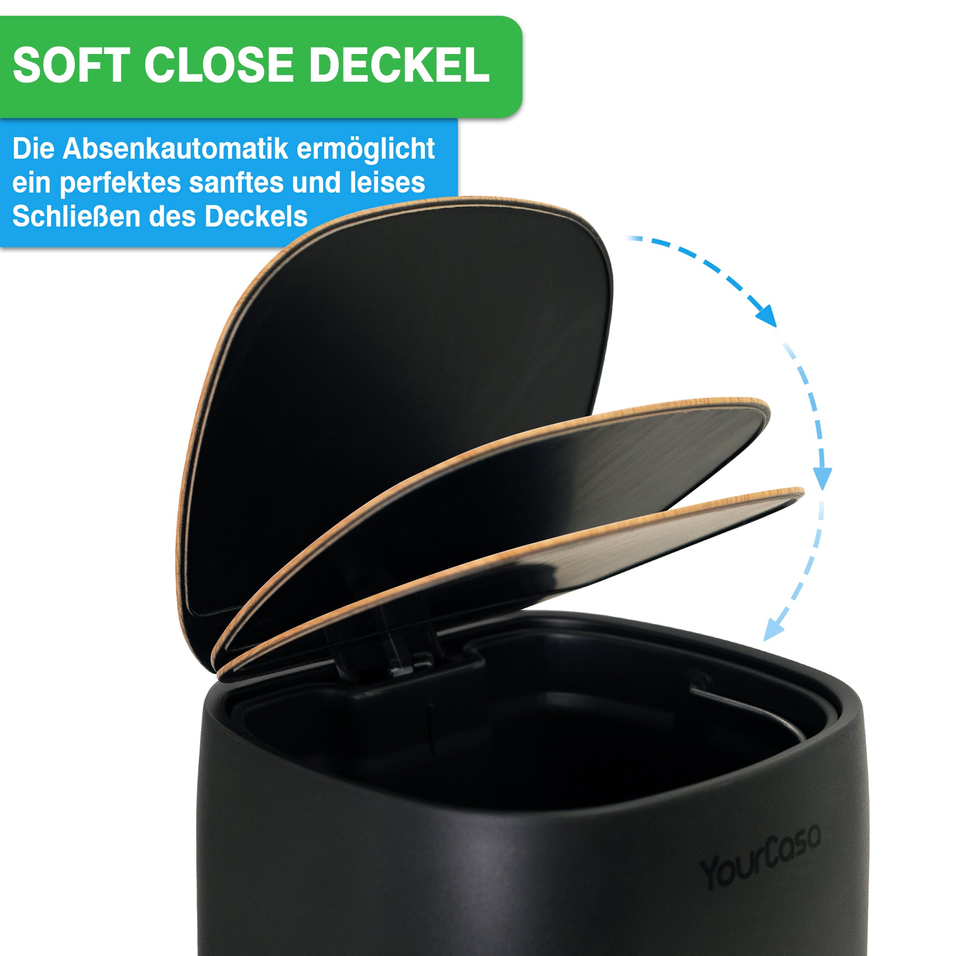 Bild des YourCasa® Mülleimers von yourcasa-de mit einem Soft-Close-Deckel, der sein geruchsdichtes Design unterstreicht und dafür sorgt, dass keine unangenehmen Gerüche entweichen. Die deutsche Beschreibung betont seinen sanften Schließmechanismus für zusätzliche Funktionalität und Komfort.