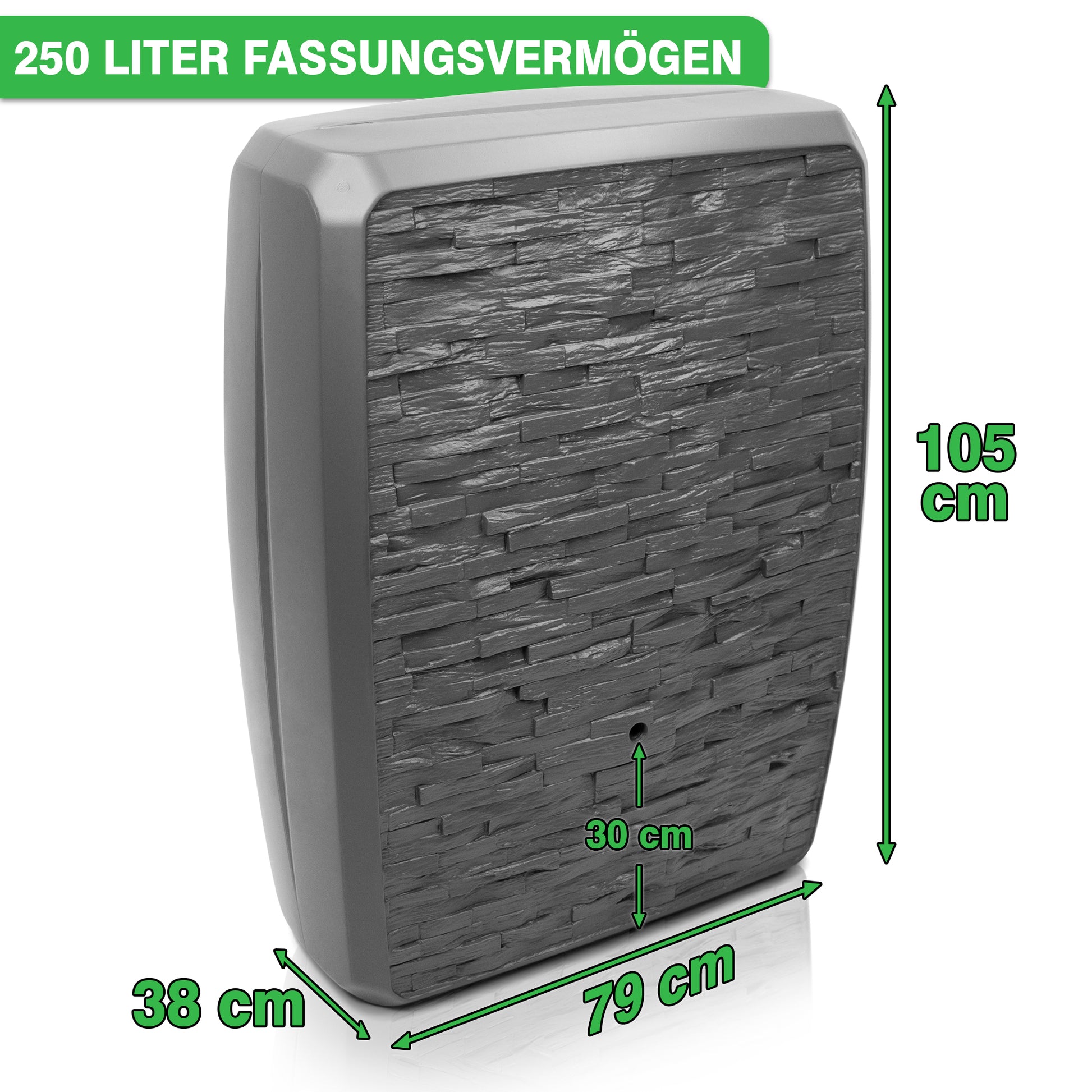 250 Liter Fassungsvermögen YourCasa Regentonne mit den Maßen 105cm Höhe, 79cm Breite und 38cm Tiefe von yourcasa-de.
