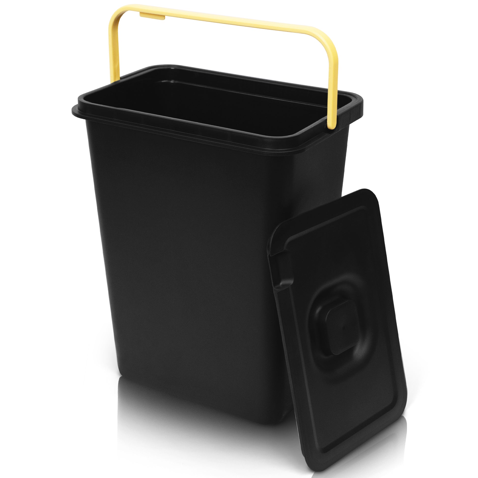 Schwarzes YourCasa® Mülltrennsystem aus Kunststoff mit 2-4 Fächern [20-40L] mit gelbem Tragegriff und abnehmbarem Deckel auf weißem Grund.
