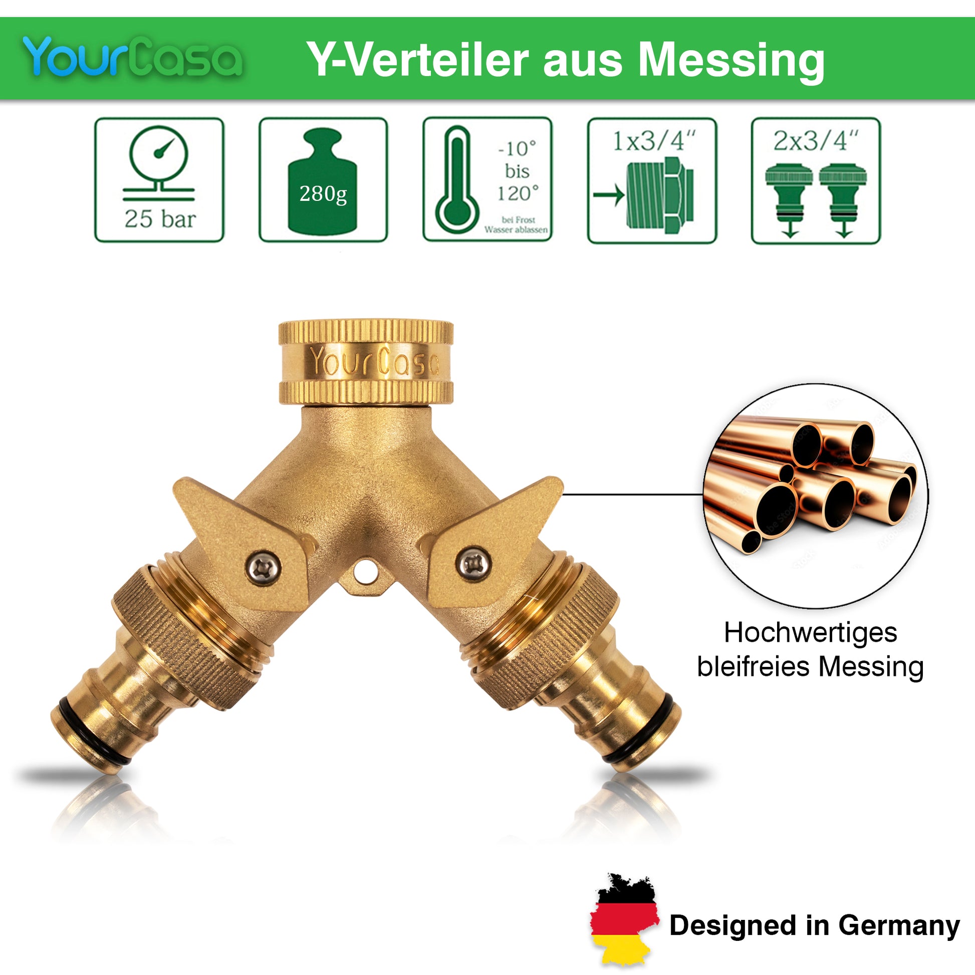 YourCasa Wasserverteiler Y-Verteiler [3/4 Zoll] aus Messing von yourcasa-de für Schläuche mit Spezifikation und "designed in Germany"-Label, ideal als Wasserhahn-Verteiler für die Gartenbewässerung.