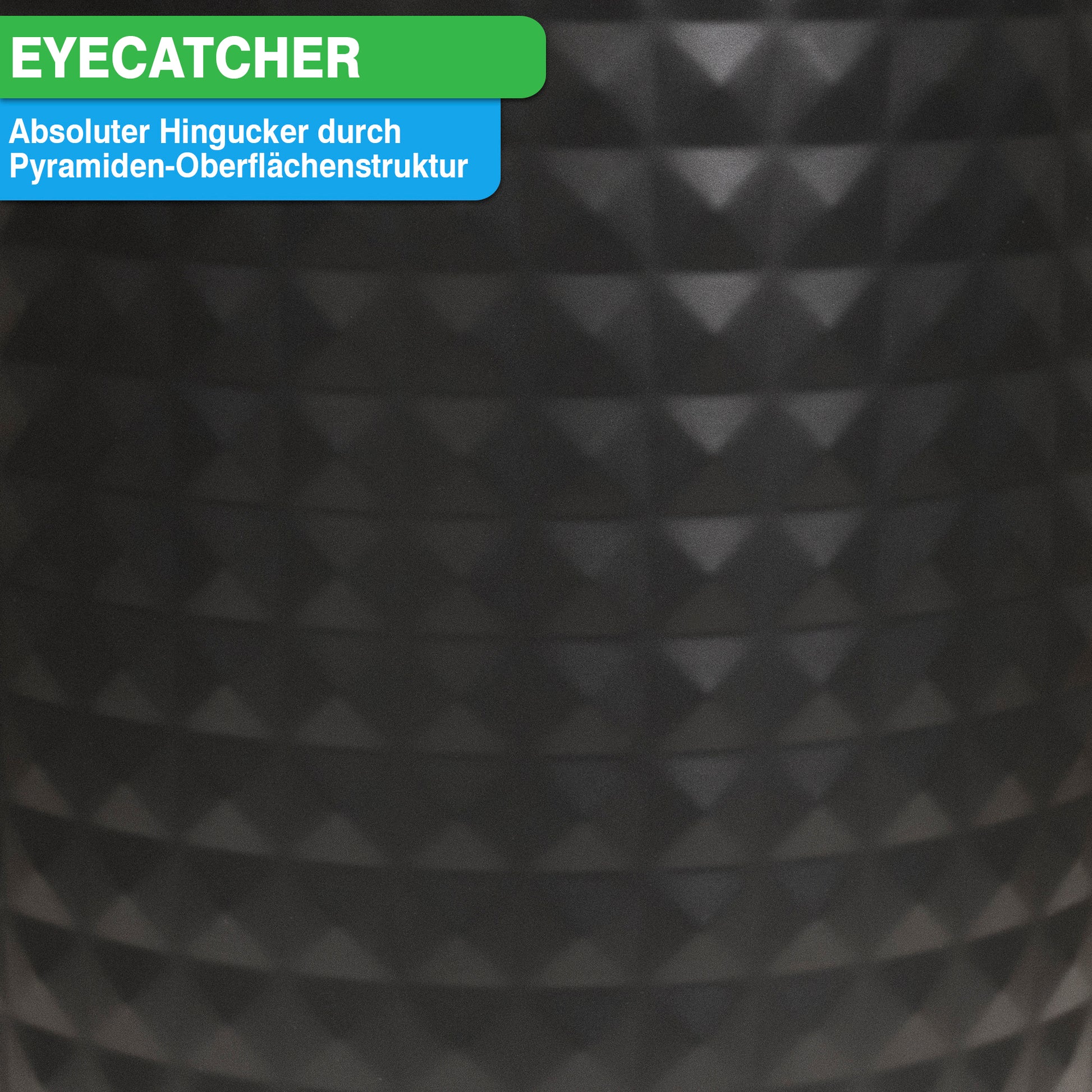 Schwarze strukturierte Oberfläche mit pyramidenförmigen Mustern und dem darüber in fetten Buchstaben geschriebenen Wort „Eyecatcher“, erinnert an ein elegantes YourCasa® Edelstahl Mülleimer Bad 5L – Pyramiden-Oberflächenstruktur-Design von yourcasa-de.