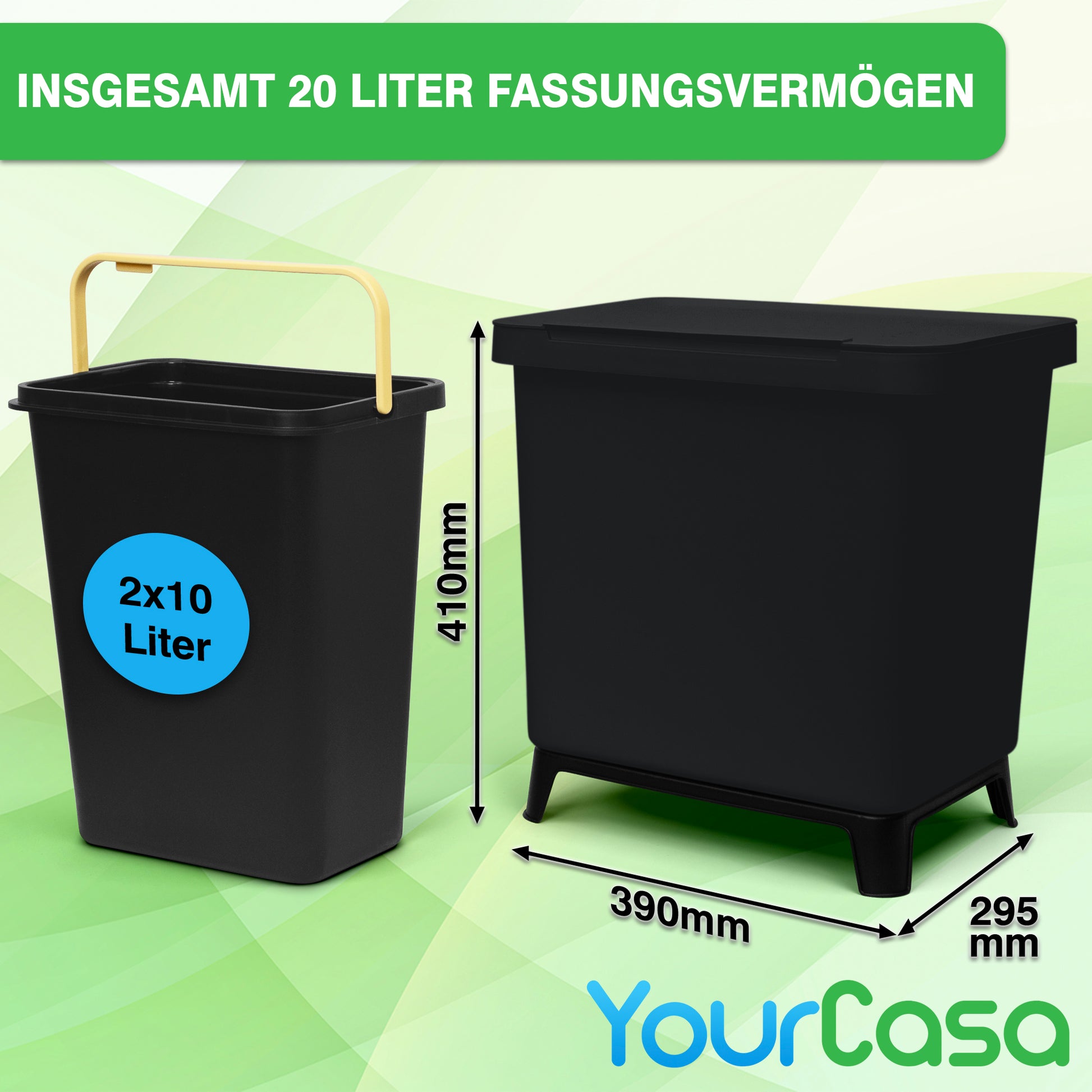 Zwei schwarze YourCasa® Mülltrennsystem mit 2-4 Fächern [20-40L], Abmessungen angegeben.