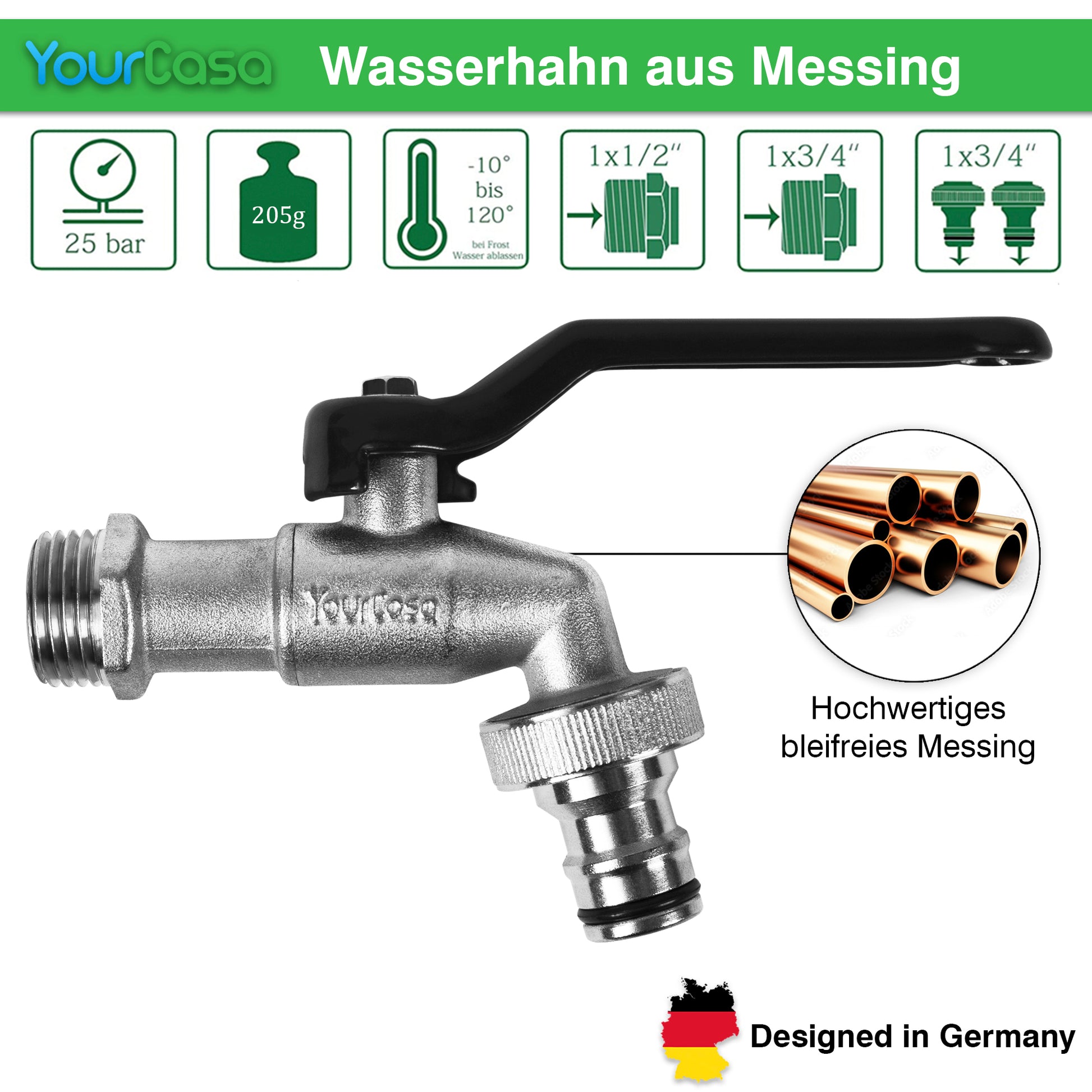 YourCasa® Kugelauslaufhahn aus Messing mit Vierteldrehung und technischen Daten sowie dem Label „Designed in Germany“.