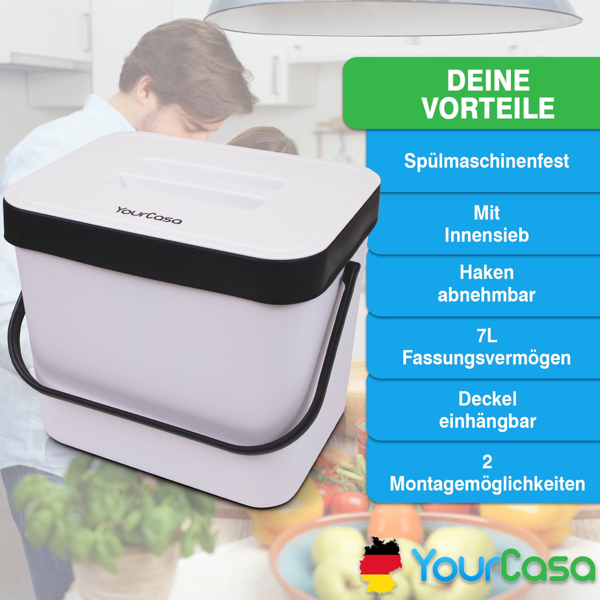 Geräumiger YourCasa® 7L Küchen-Bioabfallbehälter mit herausnehmbarem Inneneimer, spülmaschinenfest und zwei Aufstellmöglichkeiten.