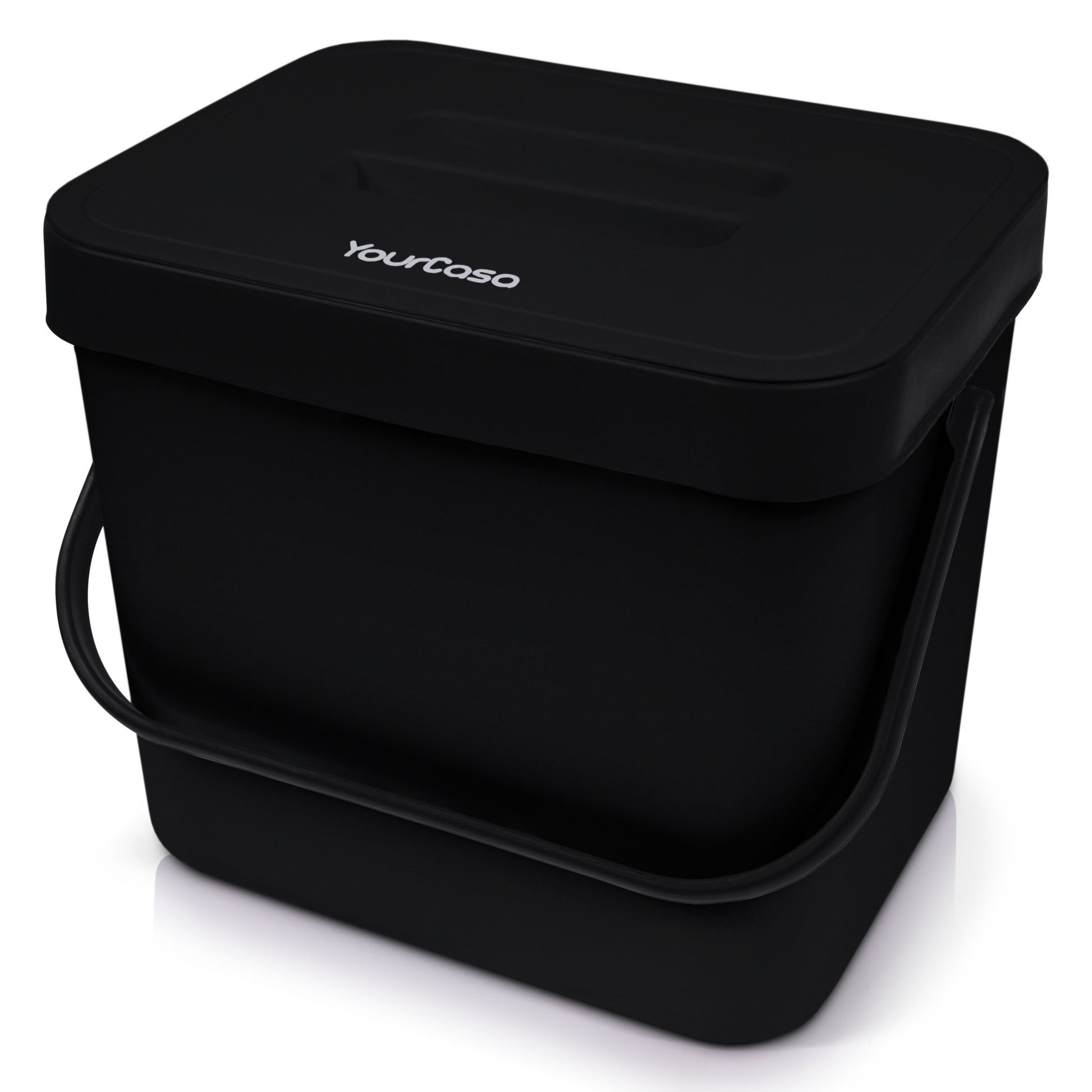 Ein schwarzer, rechteckiger YourCasa® 7L Biomülleimer mit Tragegriff und Deckel, mit dem Wort „YourCasa“ auf dem Deckel.