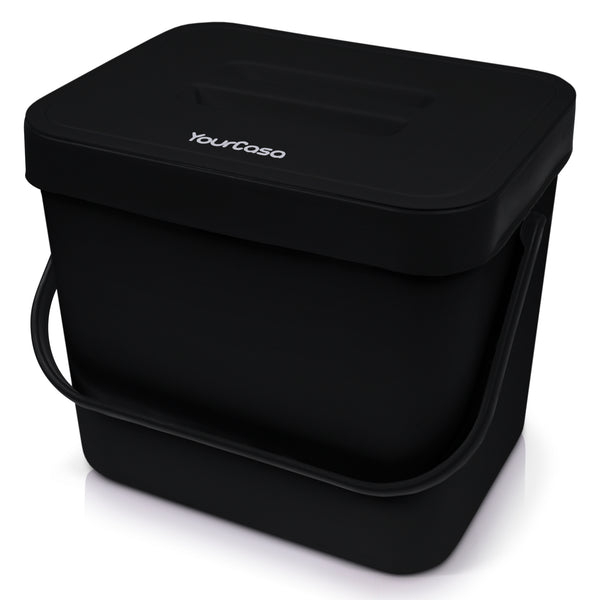 Ein schwarzer, rechteckiger YourCasa® 7L Biomülleimer mit Tragegriff und Deckel, mit dem Wort „YourCasa“ auf dem Deckel.
