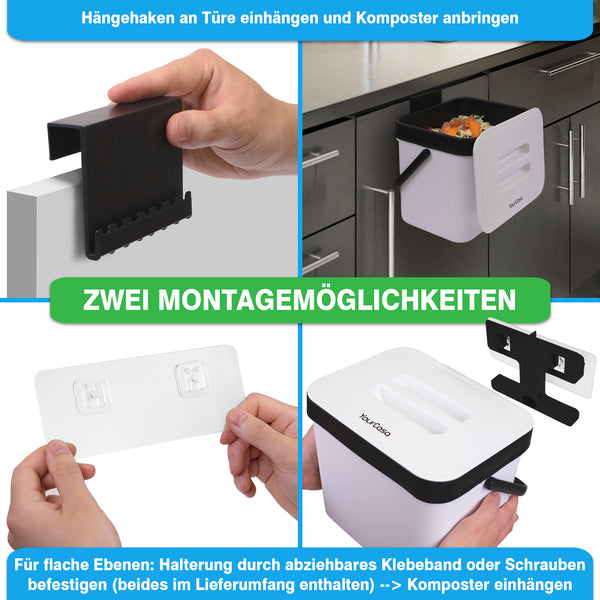 Montageanleitung und Befestigungsmöglichkeiten für einen türmontierten Küchen-YourCasa® 7L Biomülleimer mit Halterung und Sieb in der Variante zum Kleben und zum Schraubverbinden.