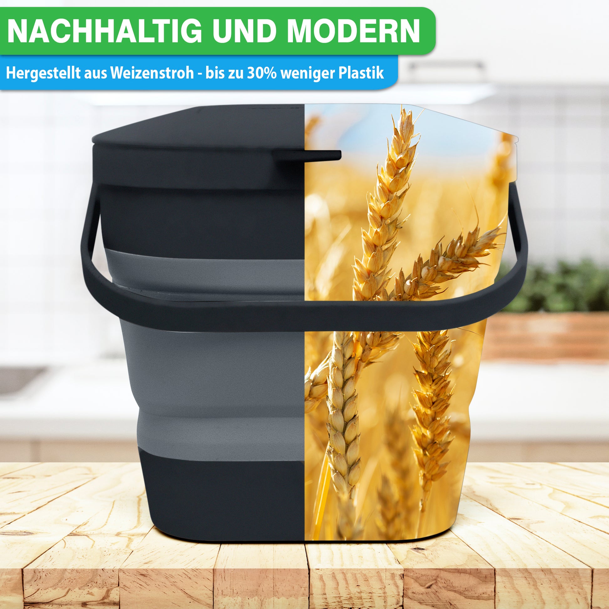 Schwarzer Eimer aus Weizenstroh, der den Plastikverbrauch um bis zu 30 % reduziert und als nachhaltig und modern präsentiert wird. Jetzt mit einem YourCasa® Komposteimer Küche-Design für einfaches Aufbewahren.