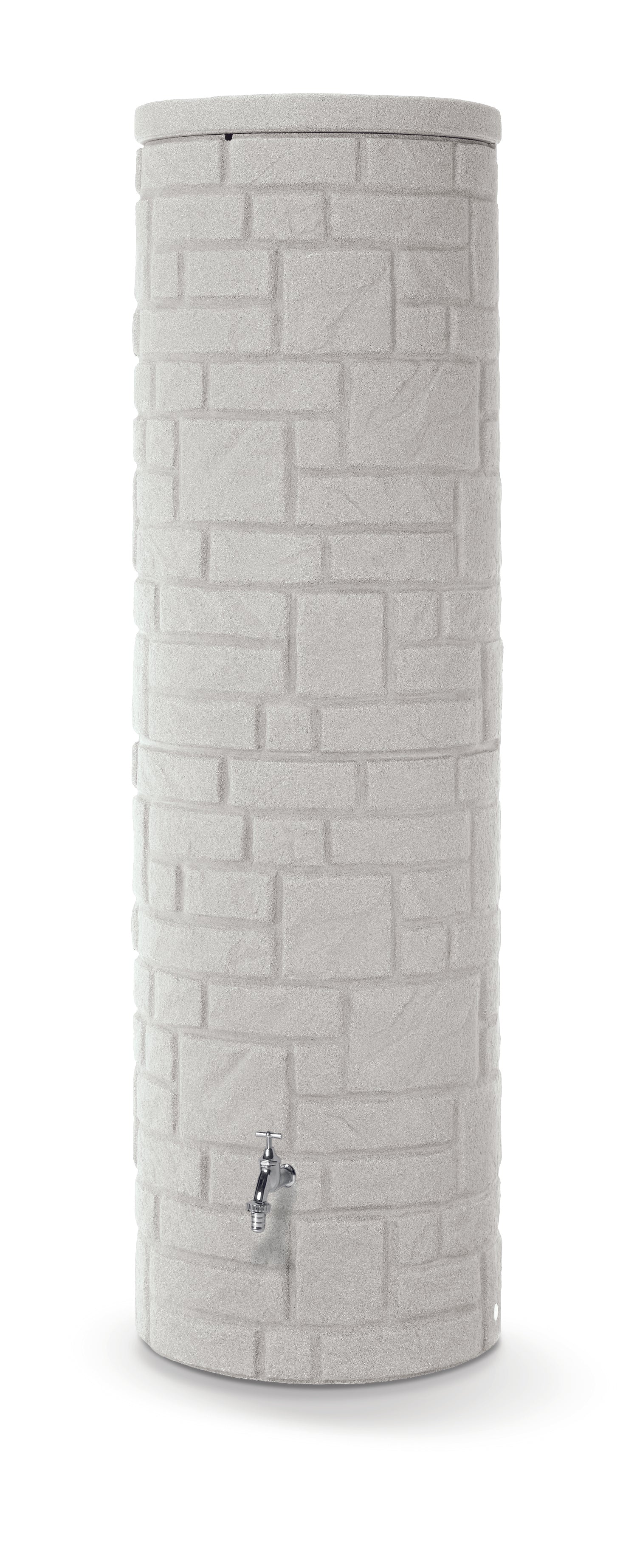 Eine graue, zylindrische Wassertonne mit einer YourCasa Regentonne [StoneRain] - Frostsicher & UV-beständig und einem Zapfhahn, isoliert auf weißem Hintergrund von yourcasa-de.