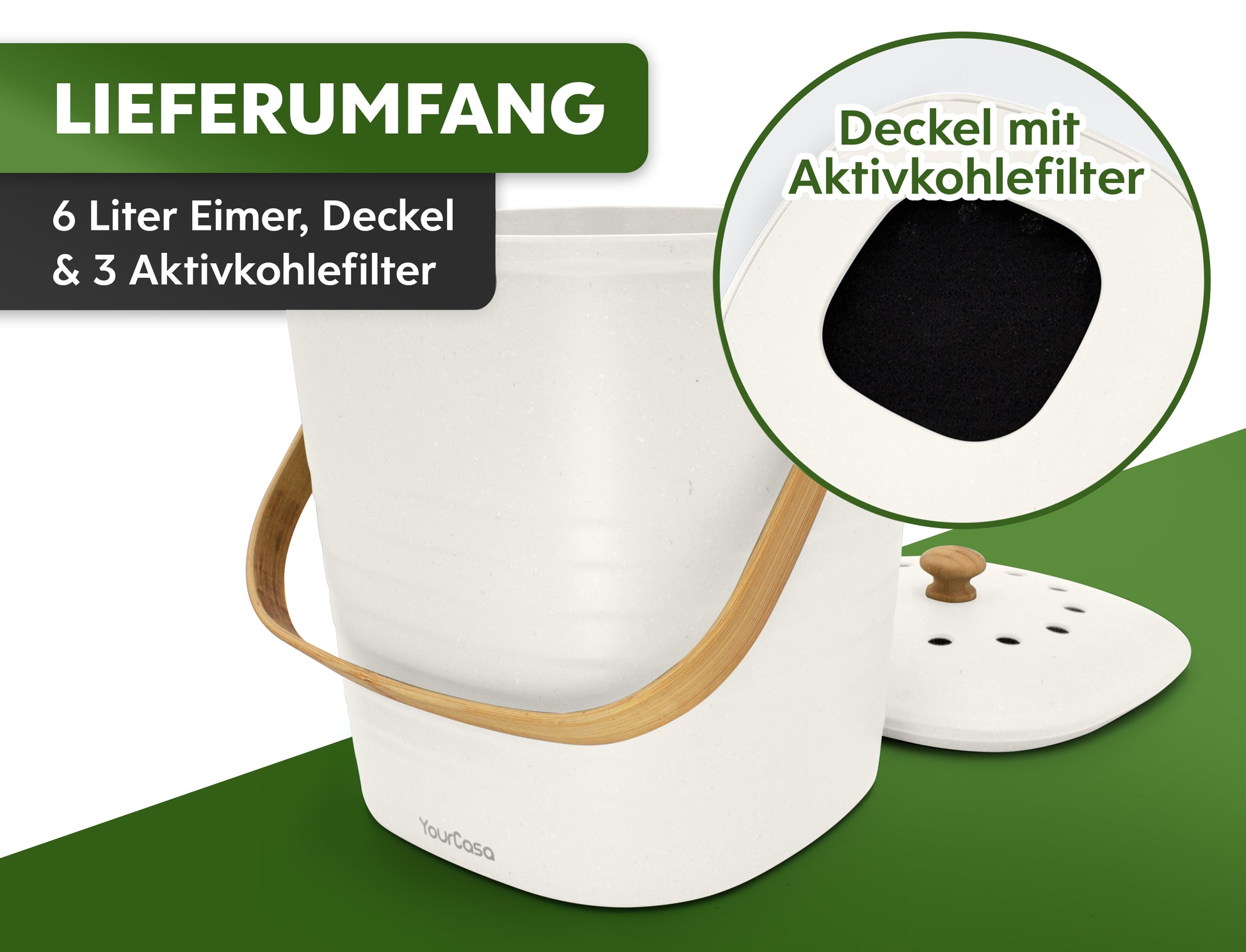 Weißer 6 Liter YourCasa® Komposteimer Küche mit Deckel und 3 Aktivkohlefiltern im Lieferumfang enthalten.
