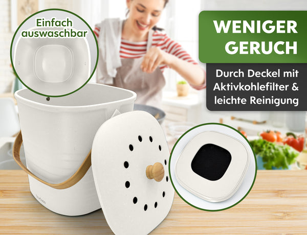 YourCasa® Komposteimer - Biomülleimer Küche - nachhaltiger Bio Mülleimer zur Reduzierung von Gerüchen, neben einer lächelnden Frau, die im yourcasa-de.