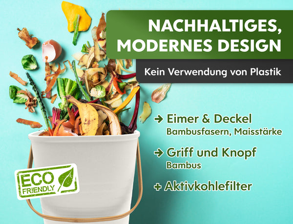YourCasa® Komposteimer aus Bambusfasern und Maisstärke mit Aktivkohlefilter, umgeben von Bioabfällen, hergestellt von yourcasa-de.