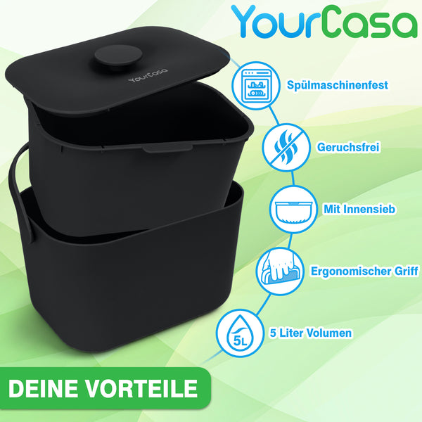YourCasa® Poubelle à déchets organiques Cuisine Poubelle à compost 4L Cuisine pour le quotidien Conteneur à déchets organiques - Passe au lave-vaisselle - Anti-odeur - Tamis amovible - Petite poubelle à déchets organiques avec couvercle