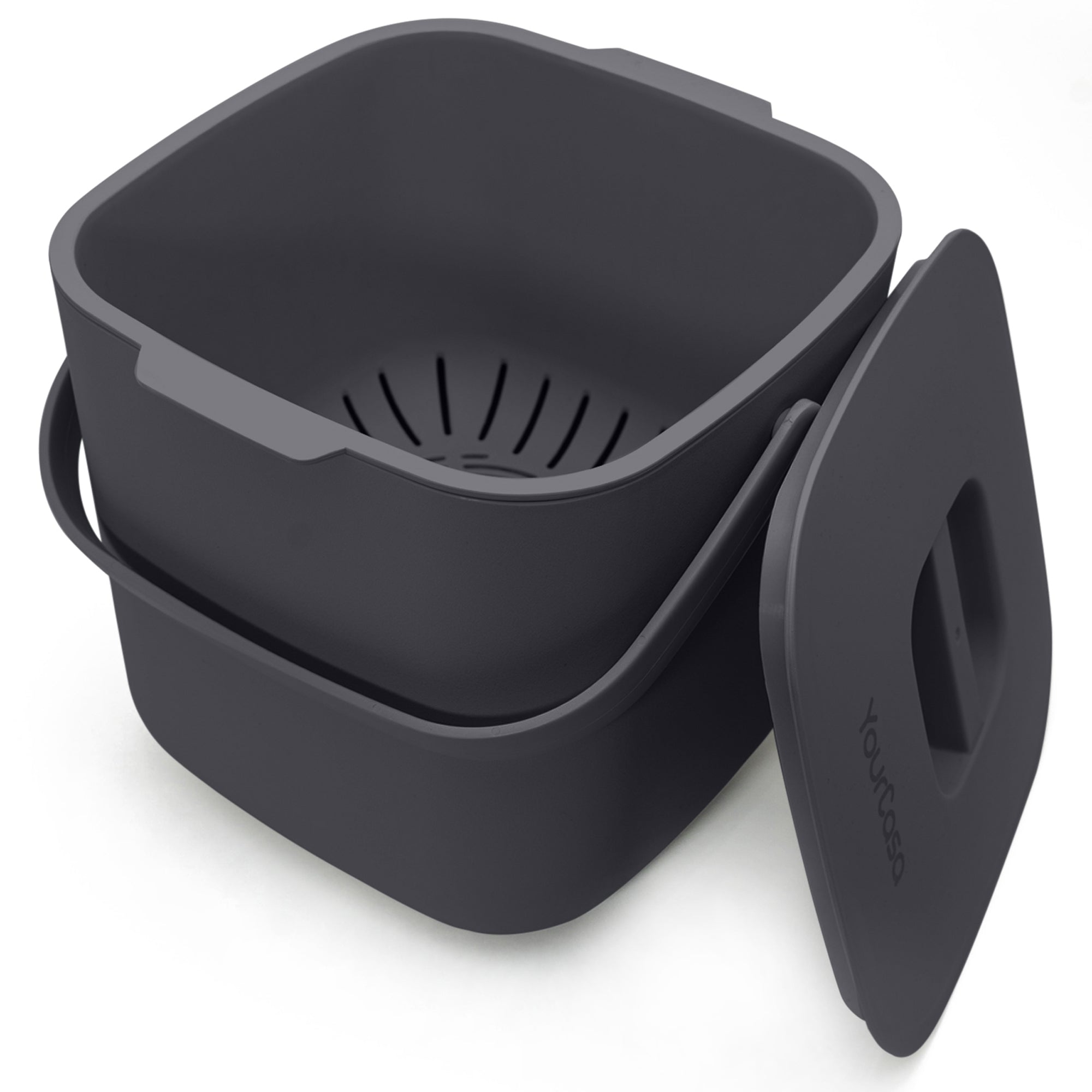 Ein schwarzer YourCasa® Komposteimer-Behälter mit einem Siebdeckel an der Seite.