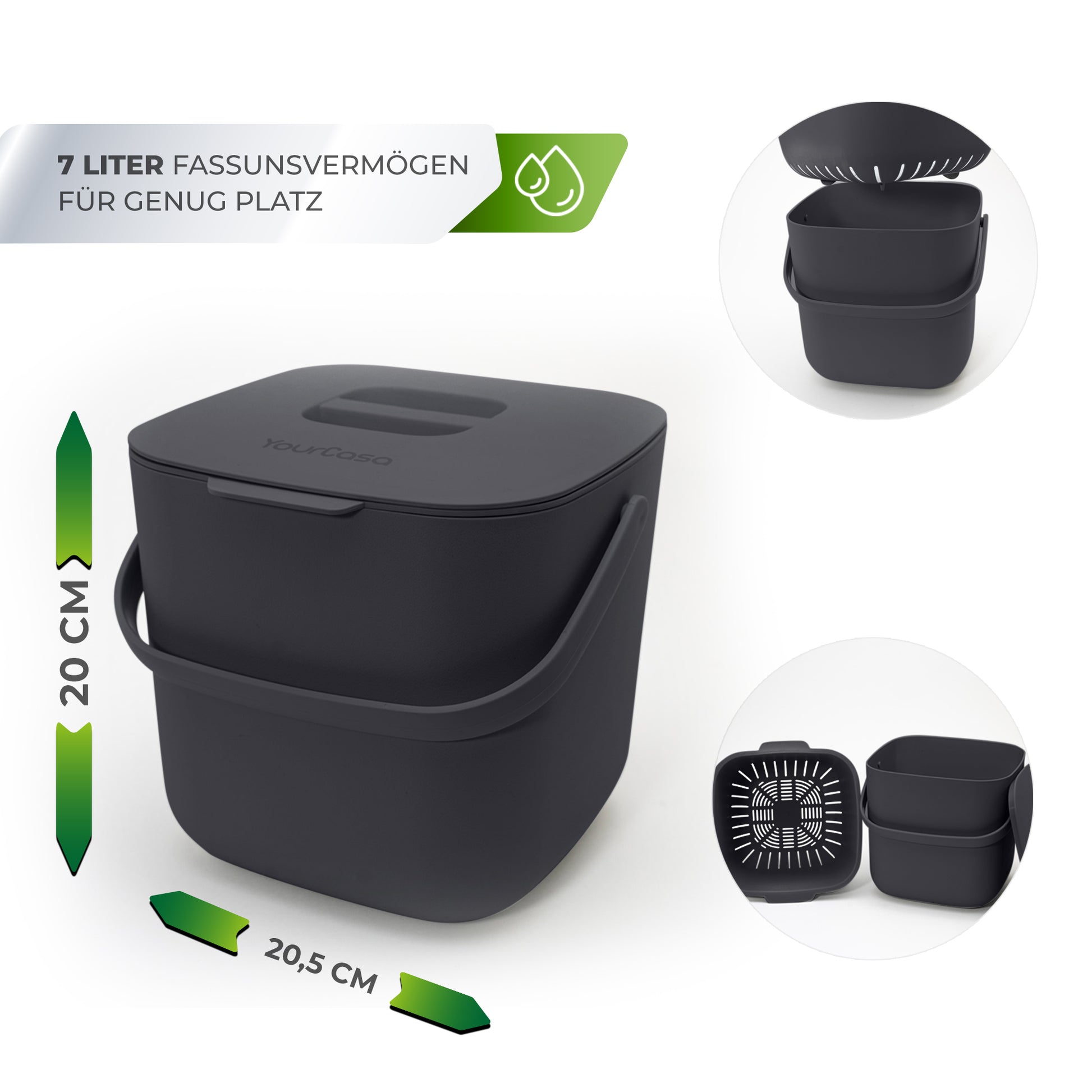 Kompakter YourCasa® Komposteimer-Mülleimer mit 7 Liter Fassungsvermögen und den Maß- und Deckeldesign-Merkmalen von yourcasa-de.