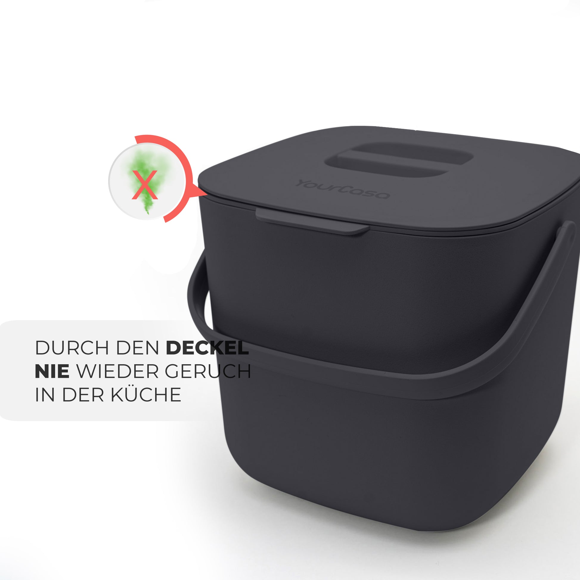 Schwarzer Komposteimer mit Deckel, mit Geruchskontroll-Design, hervorgehoben durch eine Textüberlagerung in Deutsch, die betont, dass es dank des Deckels keine Gerüche mehr in der Küche gibt. Dieser YourCasa® Komposteimer - 7L - für alltäglichen Biomüll in der Küche von yourcasa-de