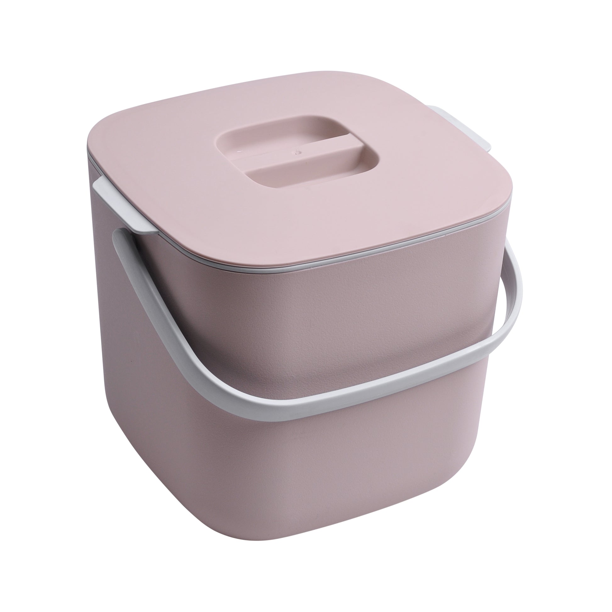 Ein rosa tragbarer Vorratsbehälter mit weißem Griff und Deckel, entworfen für YourCasa® Biomülleimer Küche 4L – spülmaschinenfest & geruchsdicht von yourcasa-de.