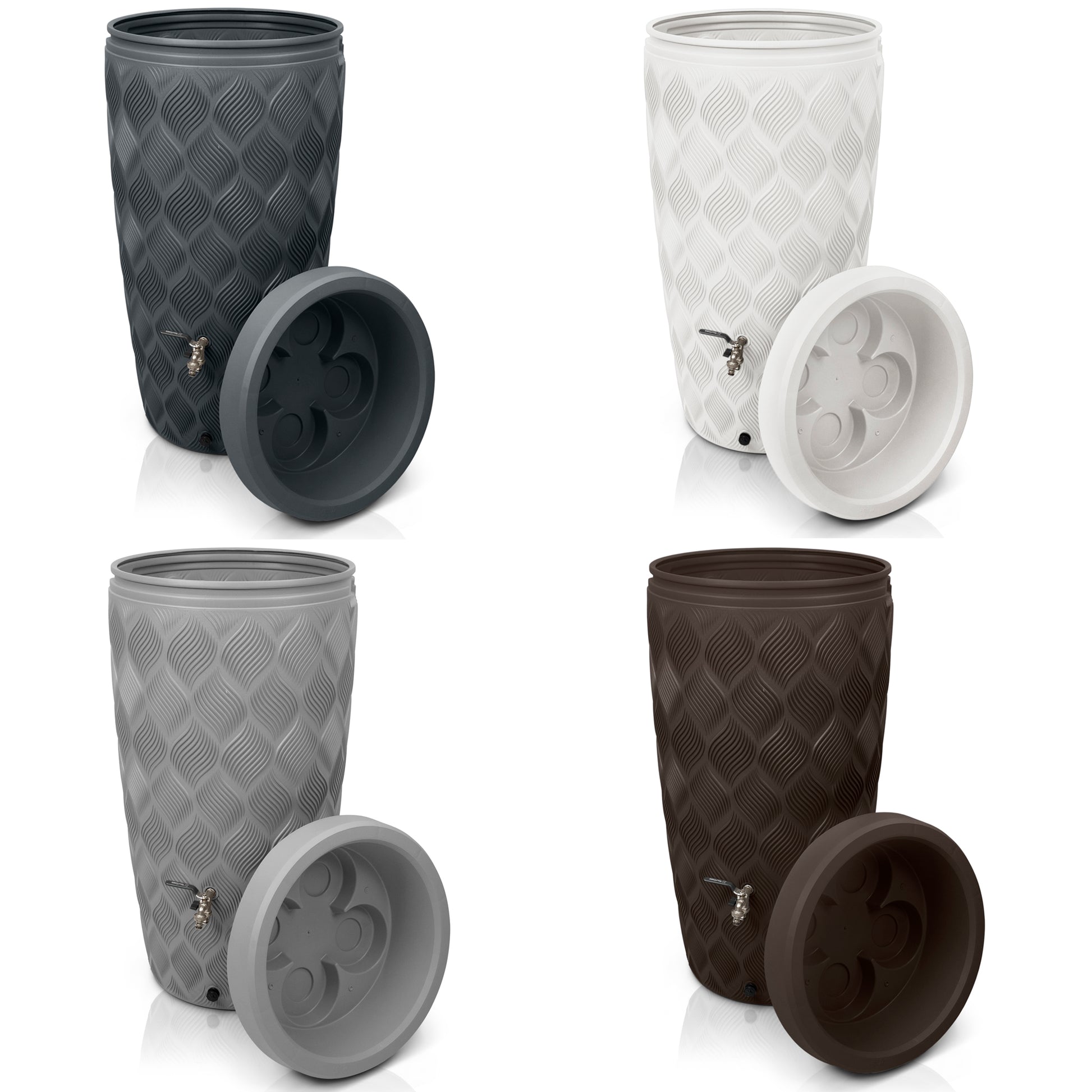 Vier Mehrwegbecher mit Deckeln in unterschiedlichen Farben, in zwei Reihen mit abgenommenen Deckeln neben einer YourCasa Regentonne präsentiert.