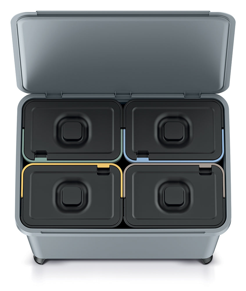 Vier modulare Bento-Boxen in einer offenen, tragbaren Kühlbox mit YourCasa® Mülltrennsystem mit 2-4 Fächern [20-40L] - Effiziente Mülltrennung mit exklusivem Design von yourcasa-de.