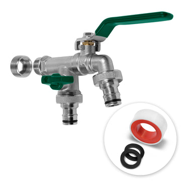 YourCasa® Außenwasserhahn aus Metall mit grünem Hebel, zwei separaten Schlauchanschlüssen und einer Einlage mit roter Dichtungsscheibe und schwarzem O-Ring.