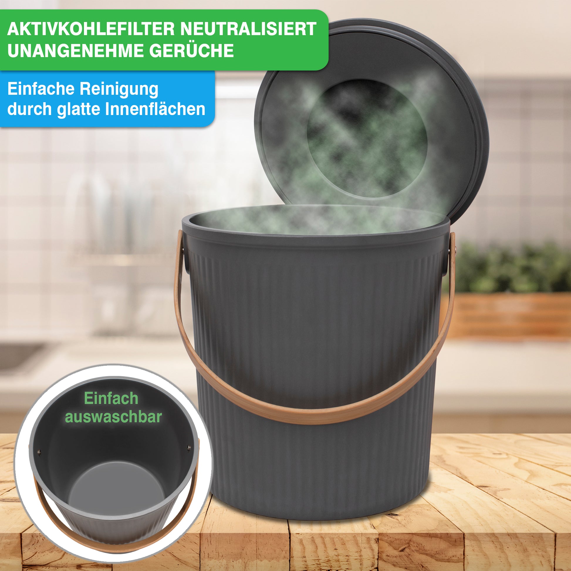 Ein YourCasa® Küchen-Biomülleimer mit Aktivkohlefilter zur Neutralisierung von Gerüchen, glatten Innenflächen zur einfachen Reinigung und abwaschbarem Design.