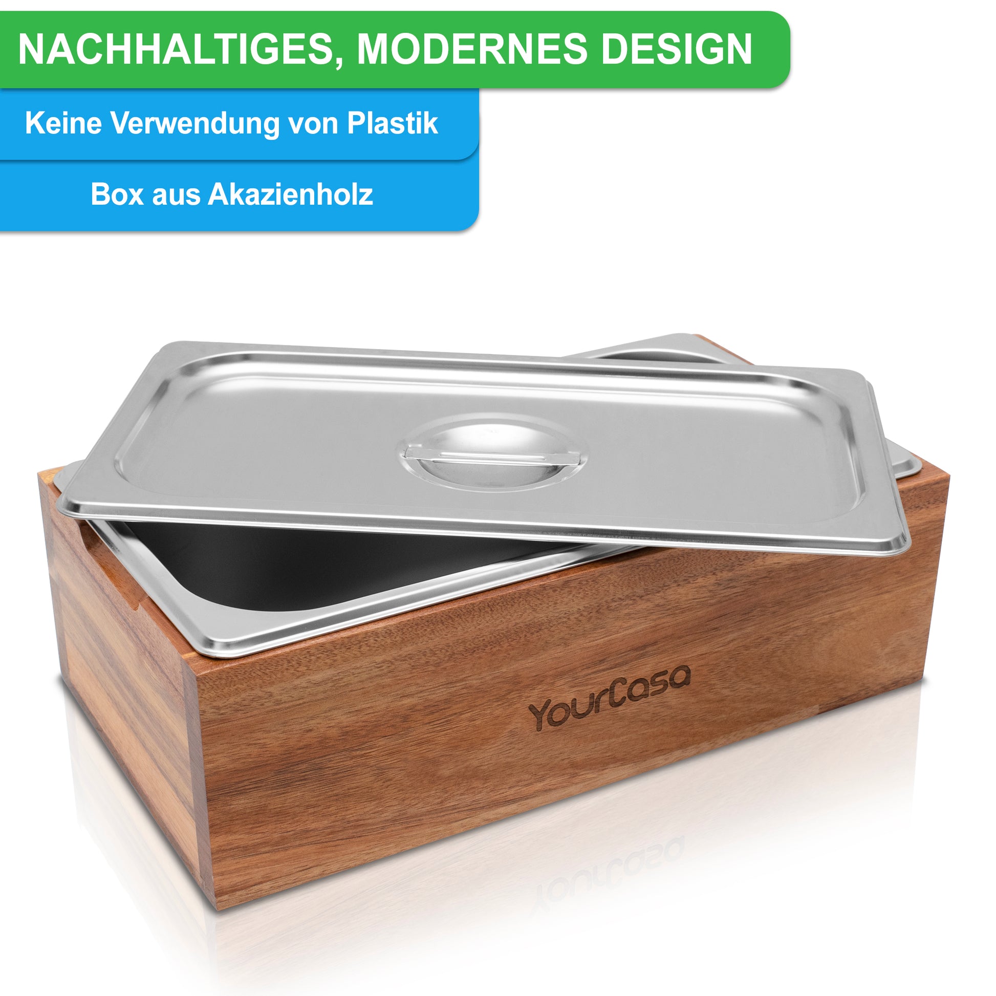 Modern gestalteter Komposter mit spülmaschinentauglicher Edelstahl-Abdeckung und Akazienholz-Unterbau, Aufschrift „yourcasa-de“.