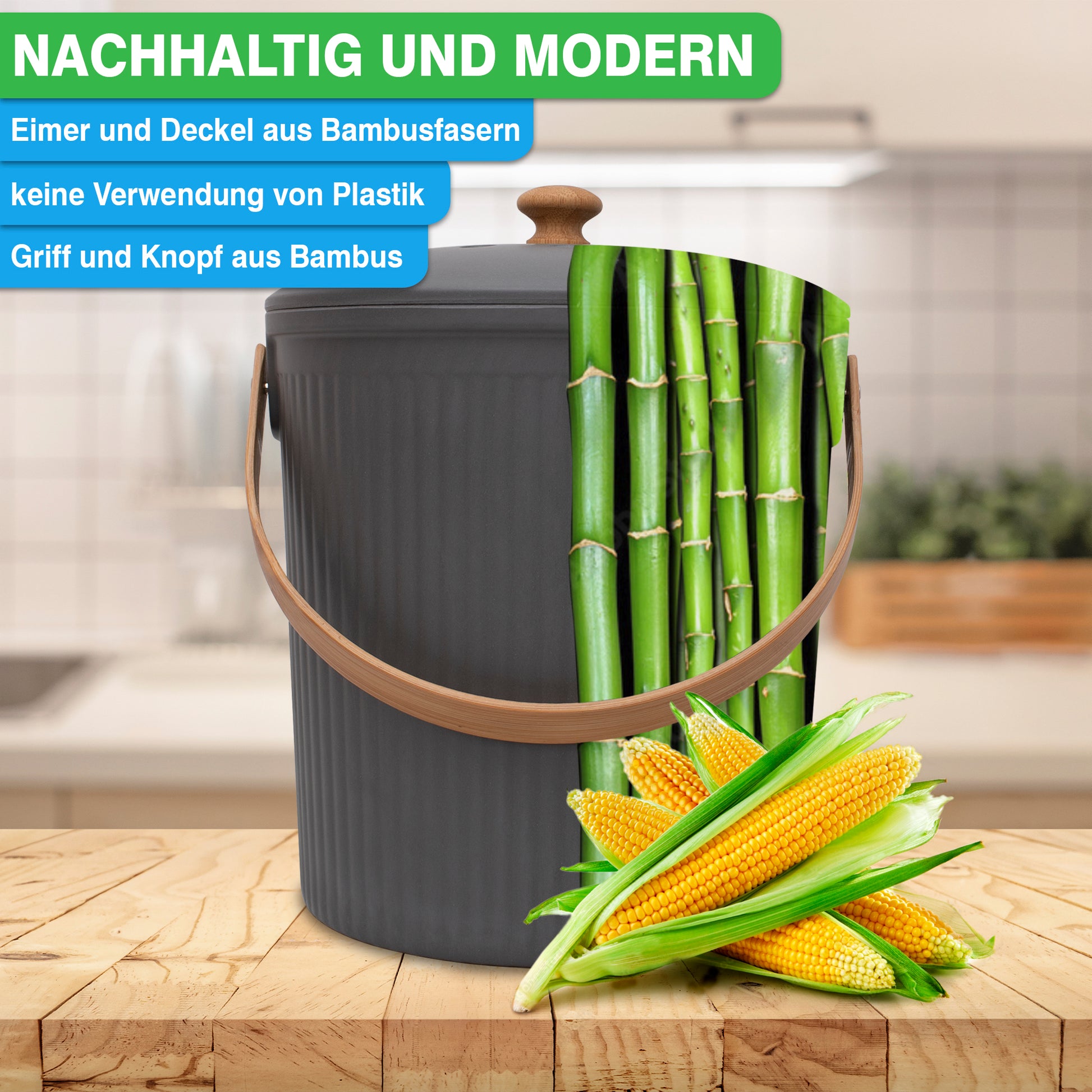 Moderner YourCasa® Komposteimer Küche – 6L – aus Bambusfaser auf einer Küchenarbeitsplatte mit Maiskolben im Vordergrund und Bambuspflanzen im Hintergrund.
