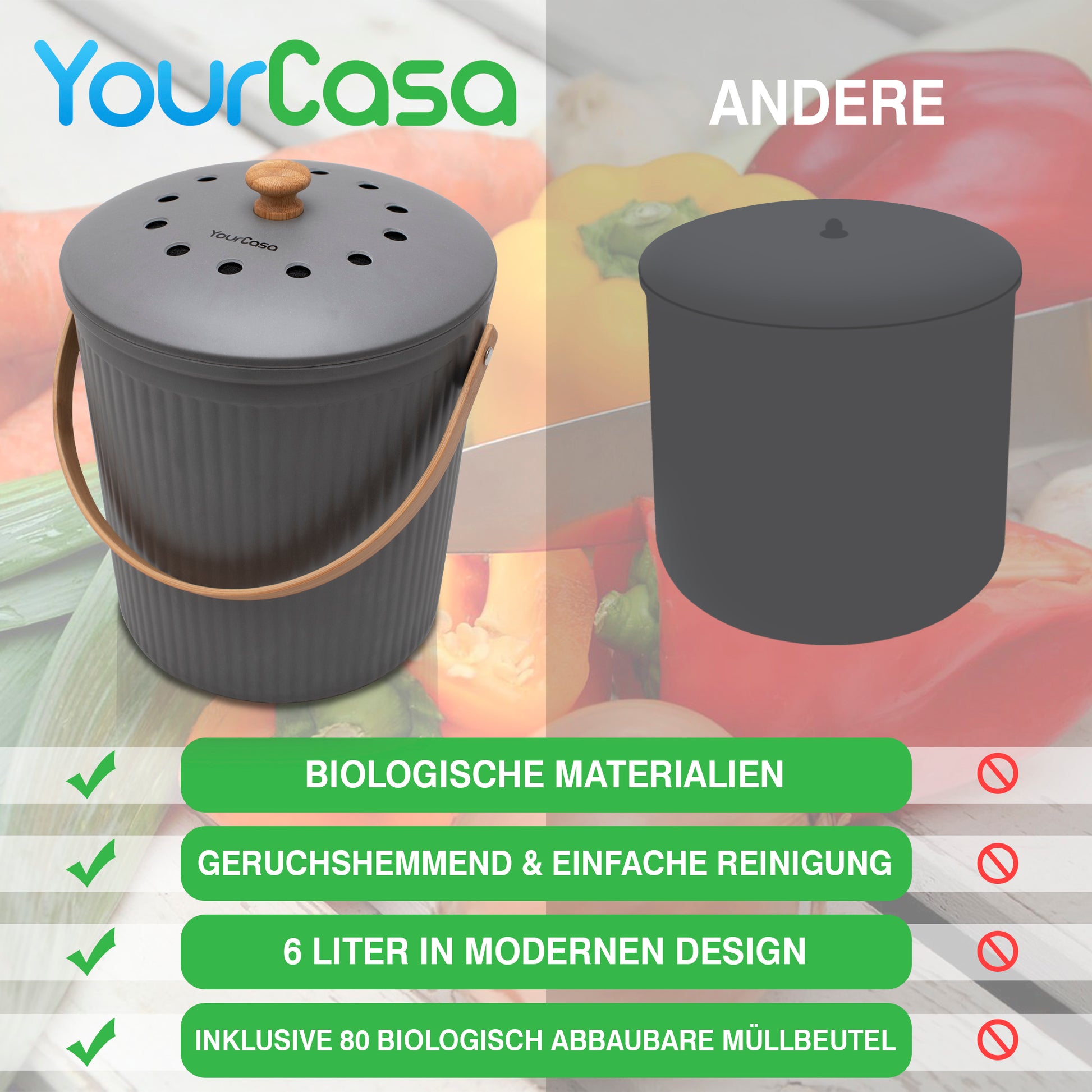 Vergleichsanzeige, die den Biomülleimer Küche - 6L - Abwaschbarer für den täglichen Gebrauch der Marke yourcasa-de gegenüber einer unscheinbaren Alternative hervorhebt.