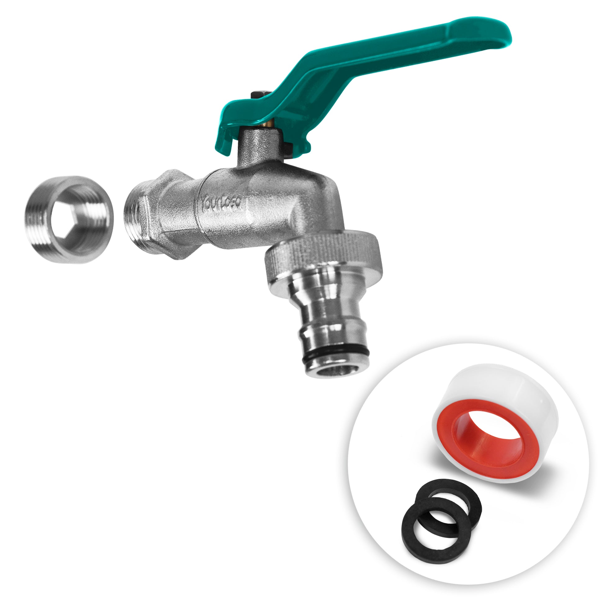 YourCasa® Metallic Außenwasserhahn mit grünem Hebel, inklusive Nahaufnahme einer roten Dichtungsscheibe und eines schwarzen O-Rings.