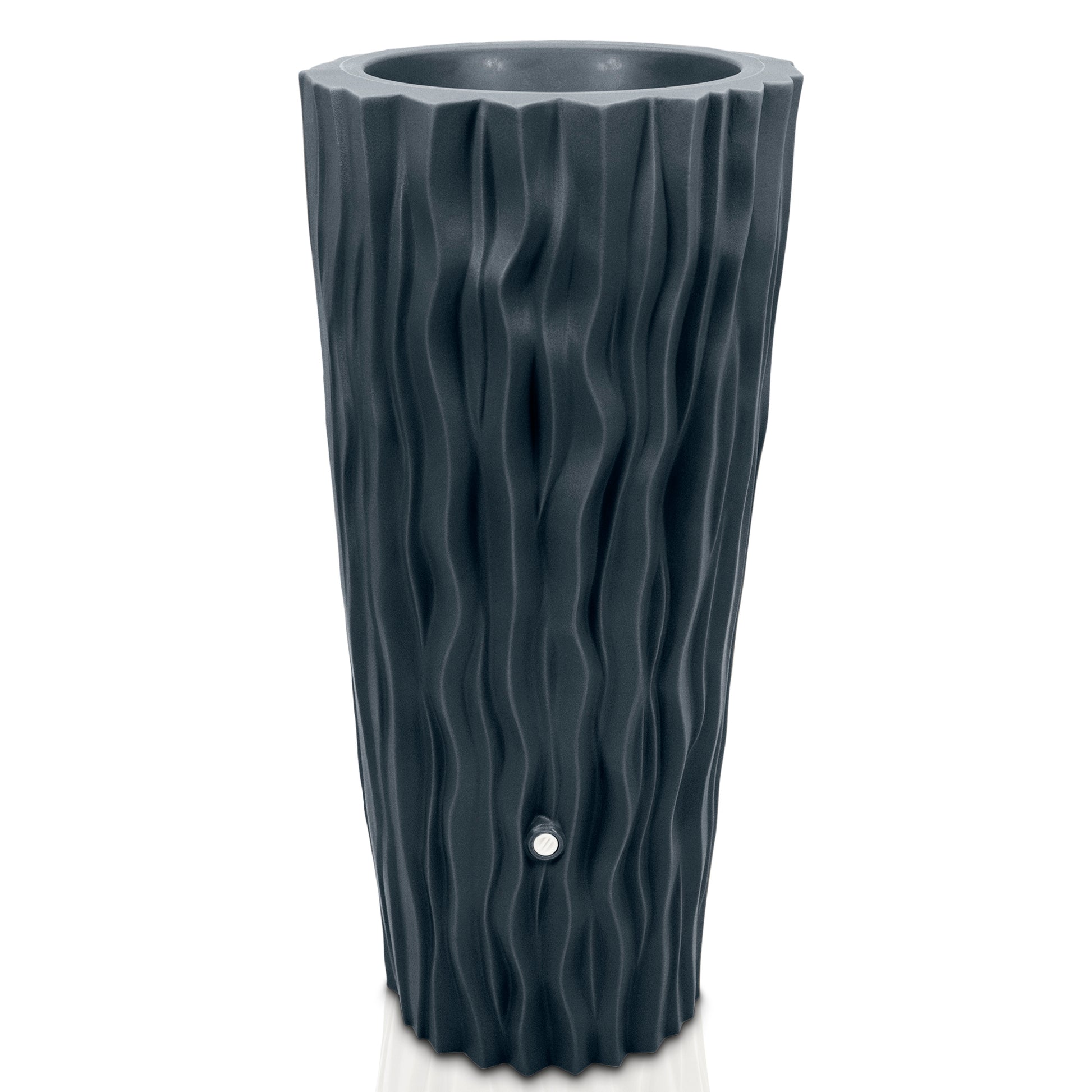 Eine hohe, wellenförmig gestaltete, schwarze freistehende Bodenvase für YourCasa Regentonne 160 Liter [AquaDesign Flower] – Frostsicher und UV-beständig von yourcasa-de.