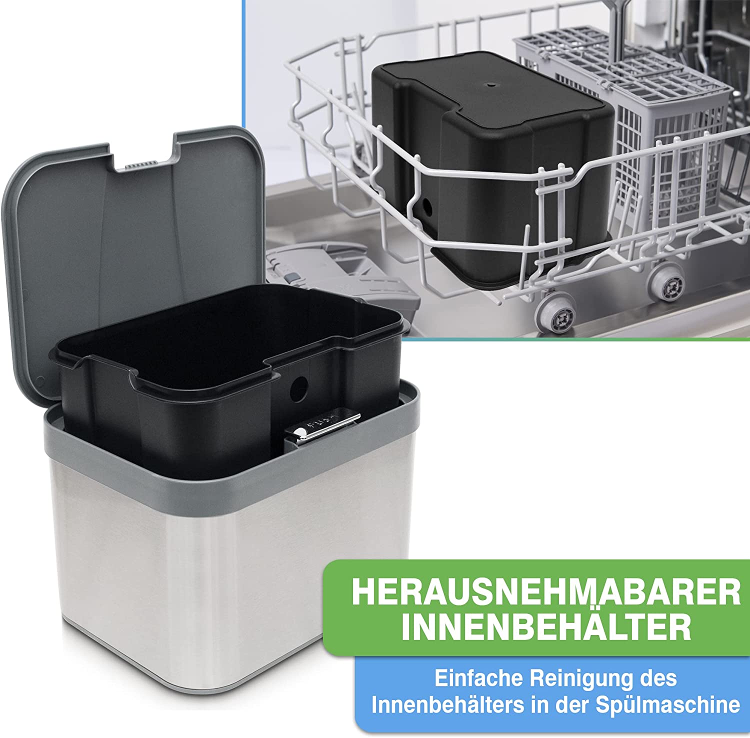 YourCasa® Edelstahl Komposteimer mit herausnehmbarem Innenbehälter, der eine einfache Reinigung in der Spülmaschine ermöglicht und im Edelstahldesign von yourcasa-de überzeugt.